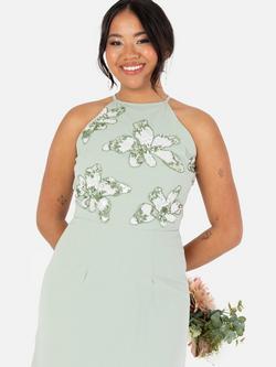 Maya Deluxe Floral Embellished Halter Neck Chiffon Maxi Dress, Green - view 2, Green