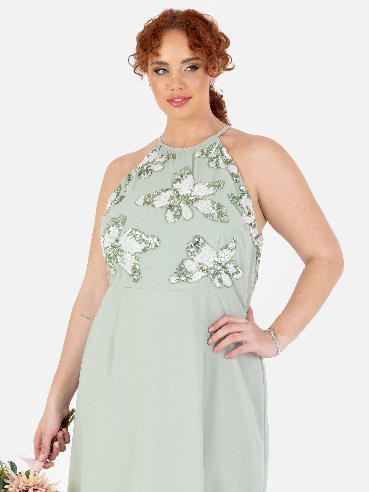 Product image 5 of 5, which shows Maya Deluxe Floral Embellished Halter Neck Chiffon Maxi Dress, Green, 6