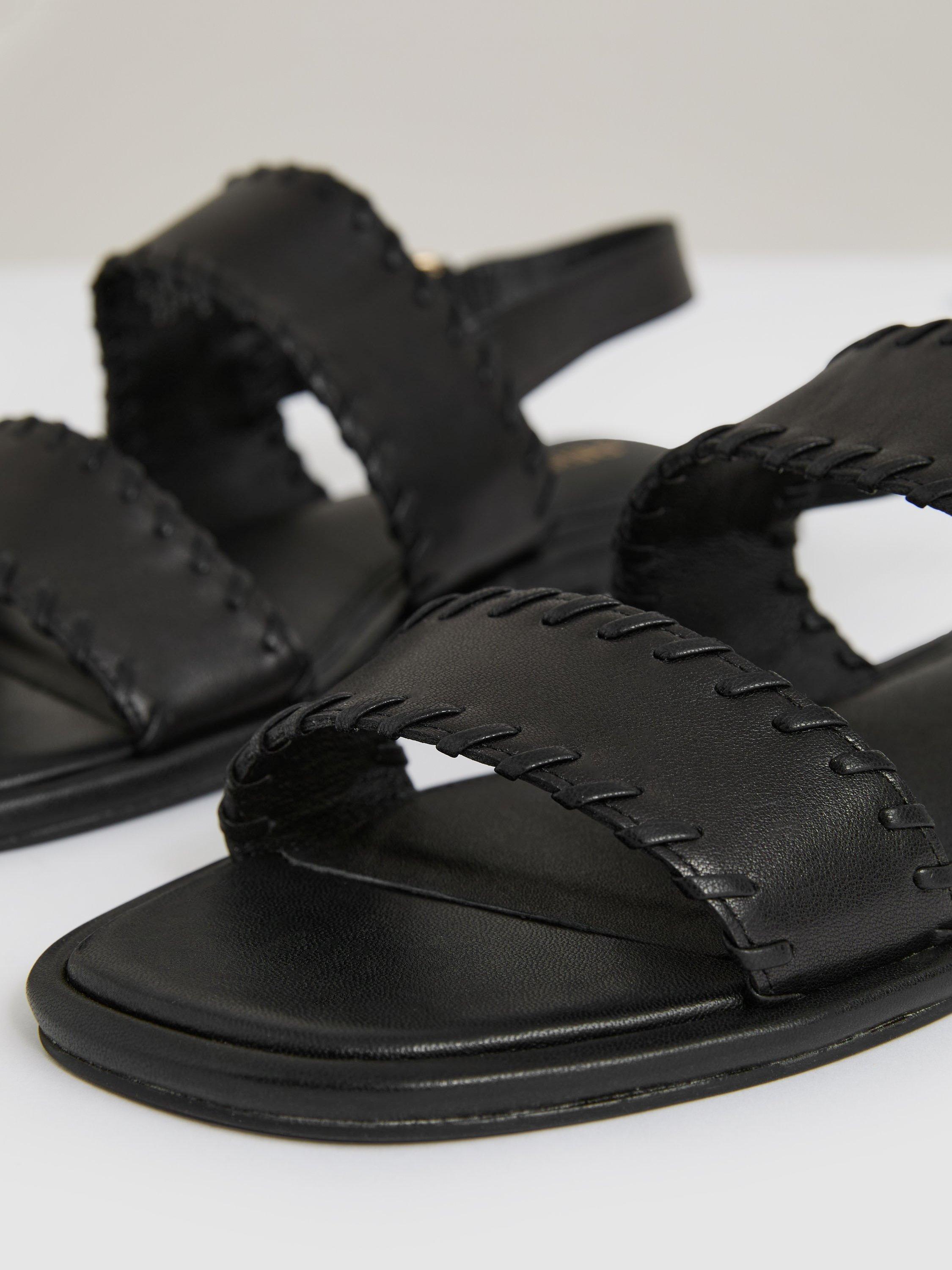 Product image 2 of 5, which shows Reiss Mila Leather Whipstitch Strappy Sandals, Black, 5