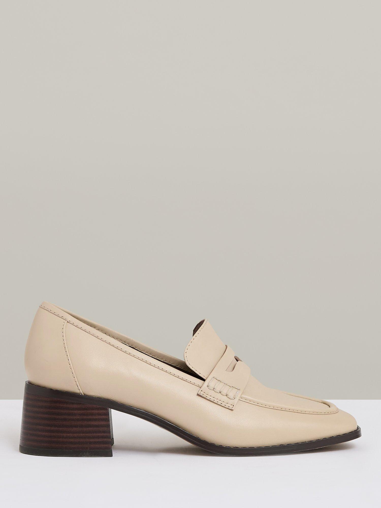 Product image 1 of 5, which shows Reiss Heidi Leather Block Heel Loafers, Off White, 3