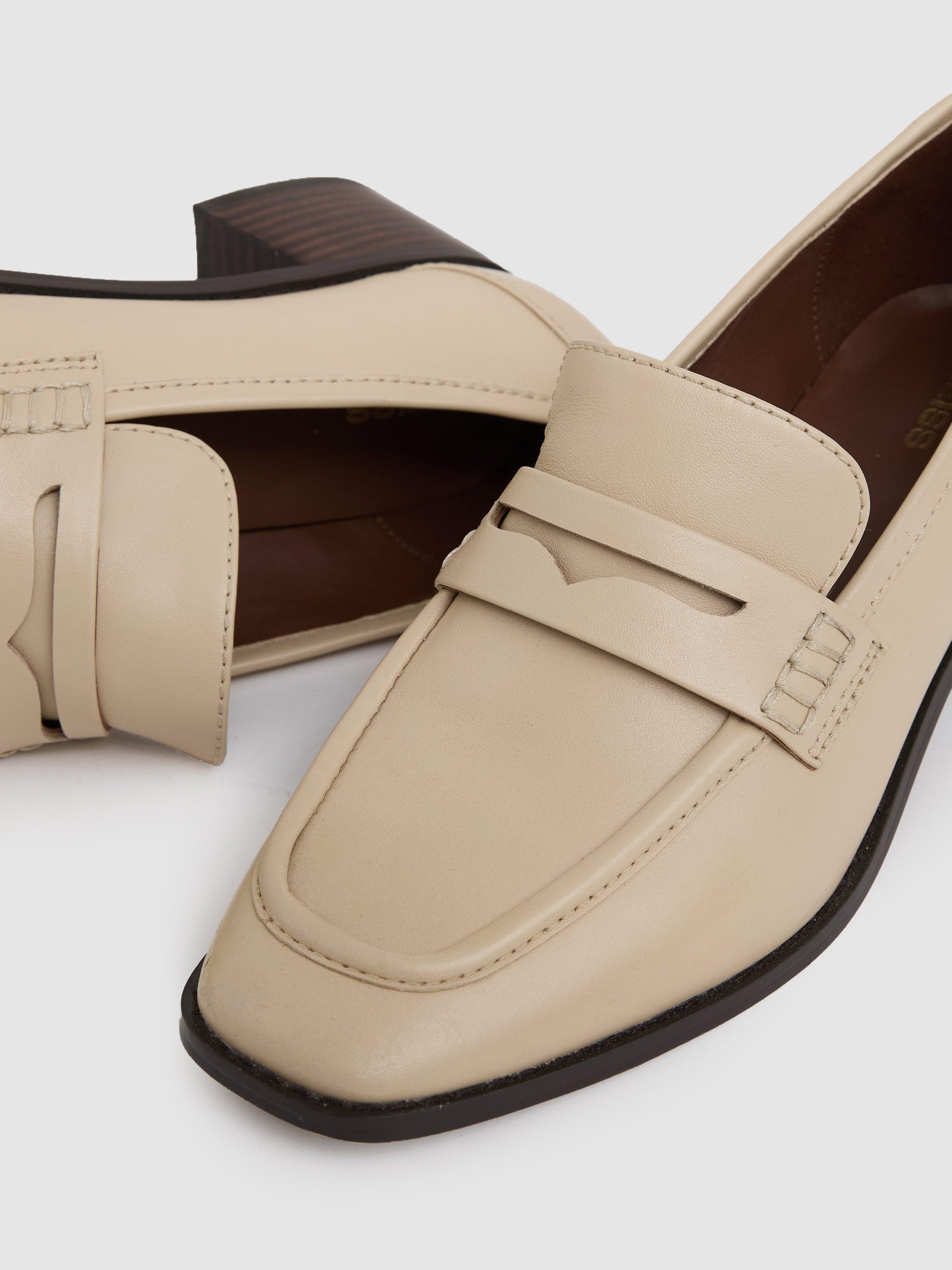 Product image 5 of 5, which shows Reiss Heidi Leather Block Heel Loafers, Off White, 3