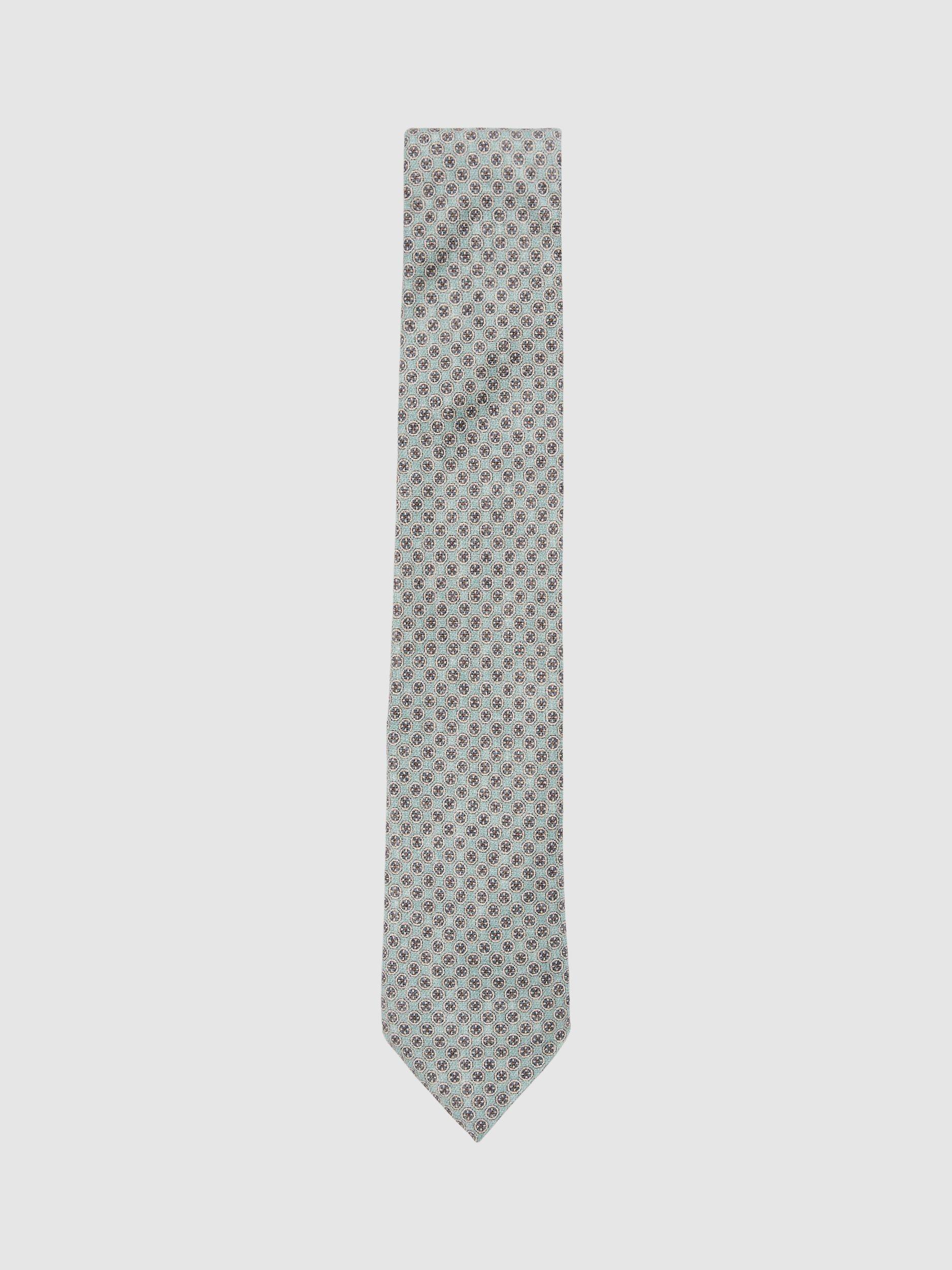 Product image 1 of 4, which shows Reiss Santo Silk Geometric Tie, Soft Sage