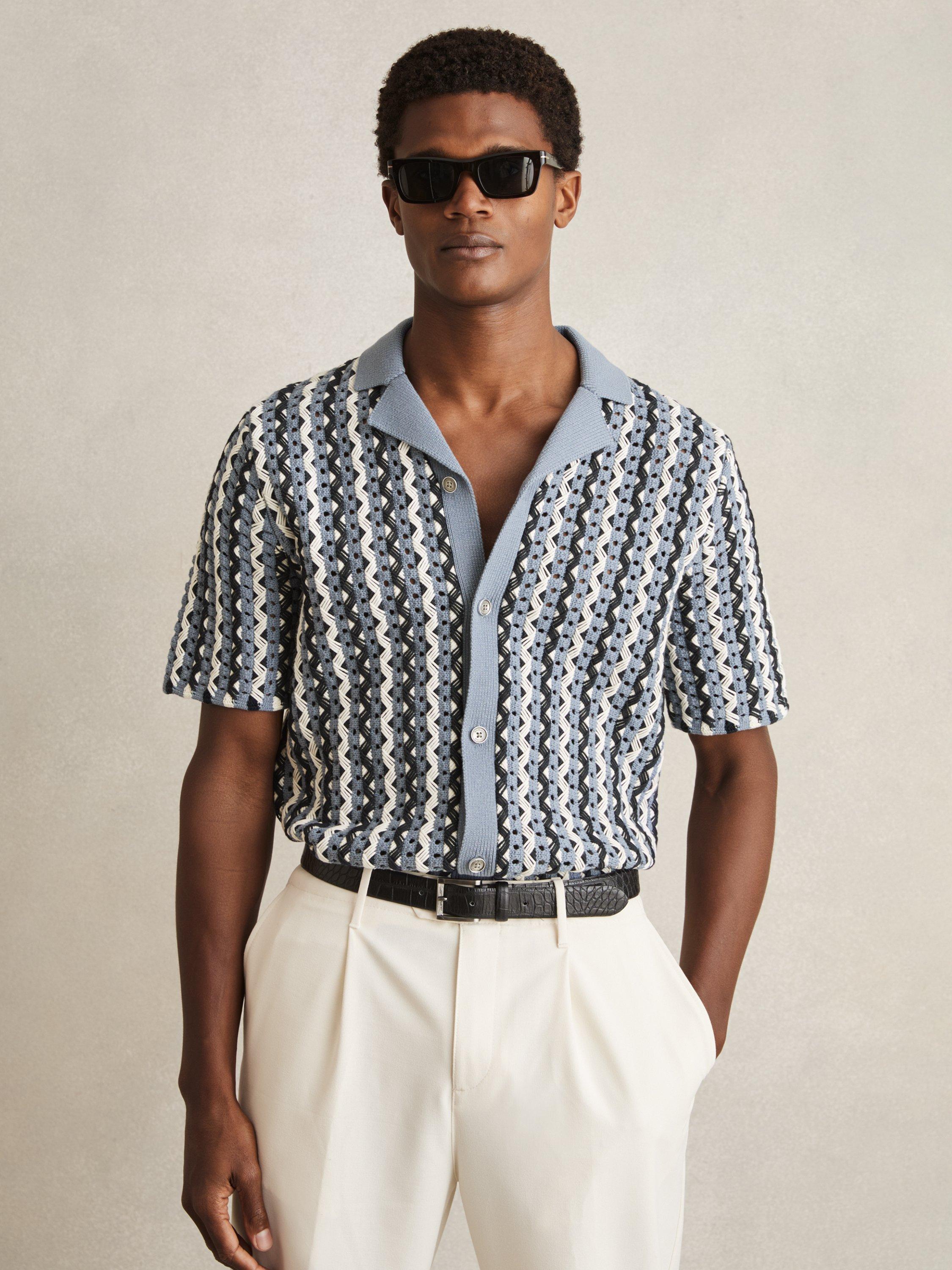 Product image 1 of 11, which shows Reiss Roulette Textured Knit Cuban Collar Shirt, Blue/Multi, S