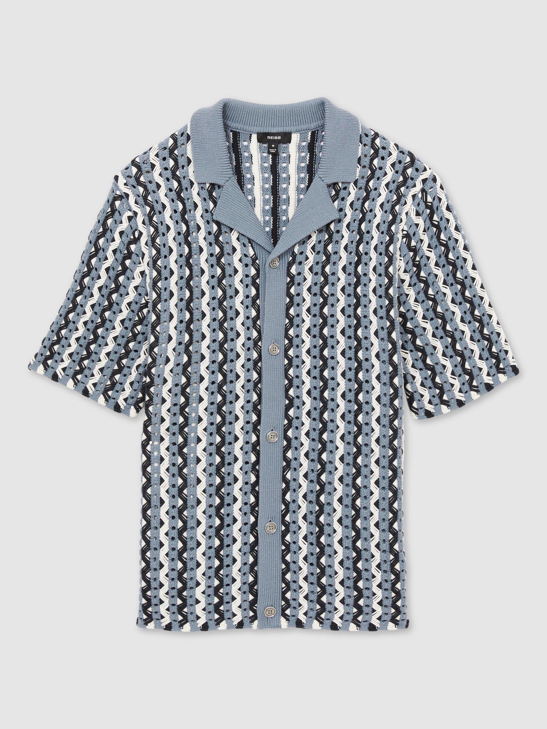 Product image 4 of 11, which shows Reiss Roulette Textured Knit Cuban Collar Shirt, Blue/Multi, S