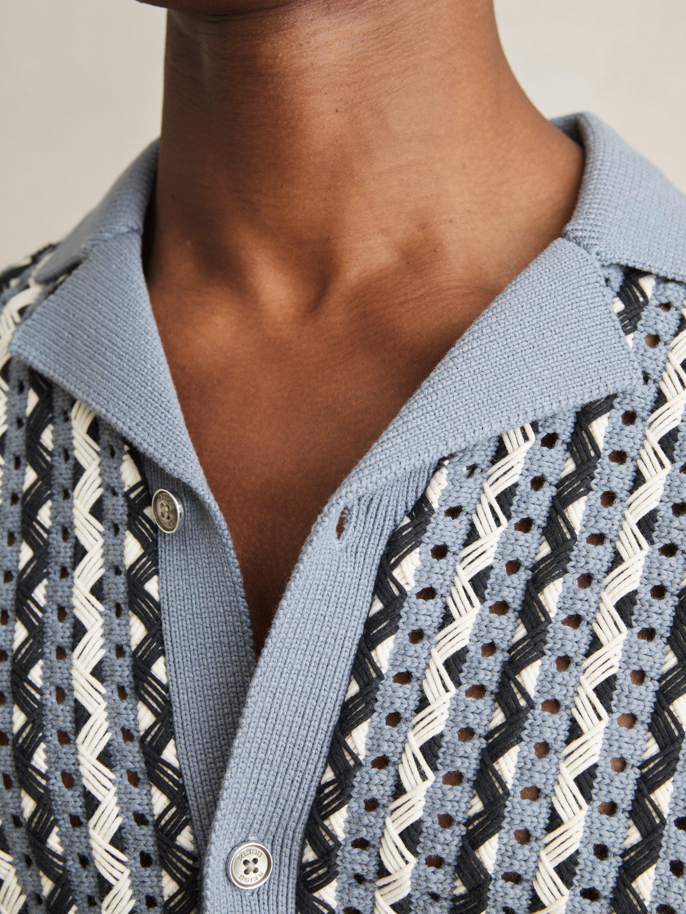 Product image 6 of 11, which shows Reiss Roulette Textured Knit Cuban Collar Shirt, Blue/Multi, S