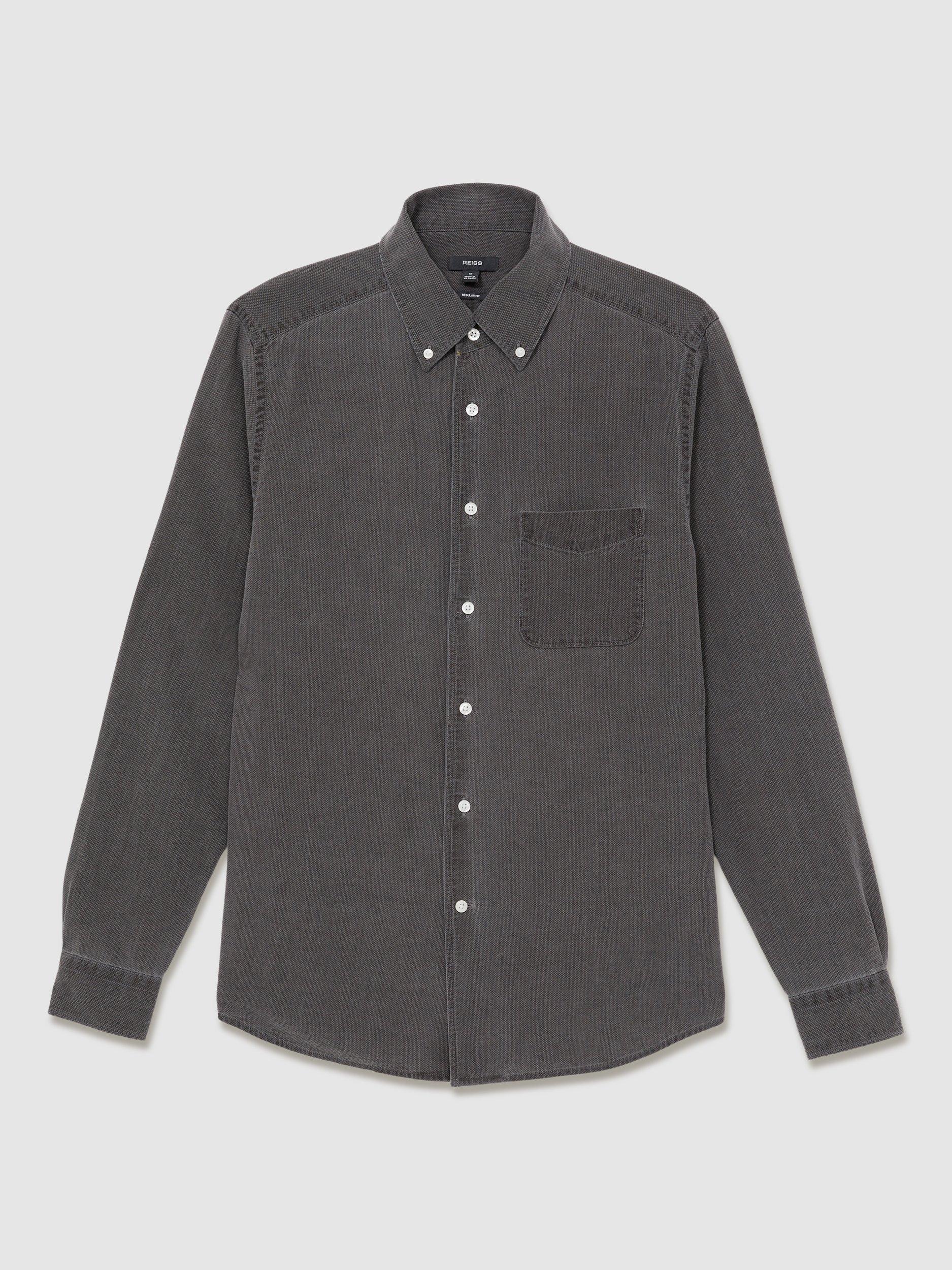 Product image 3 of 5, which shows Reiss Kittle Denim Piqué Button-Through Shirt, Washed Black, XS