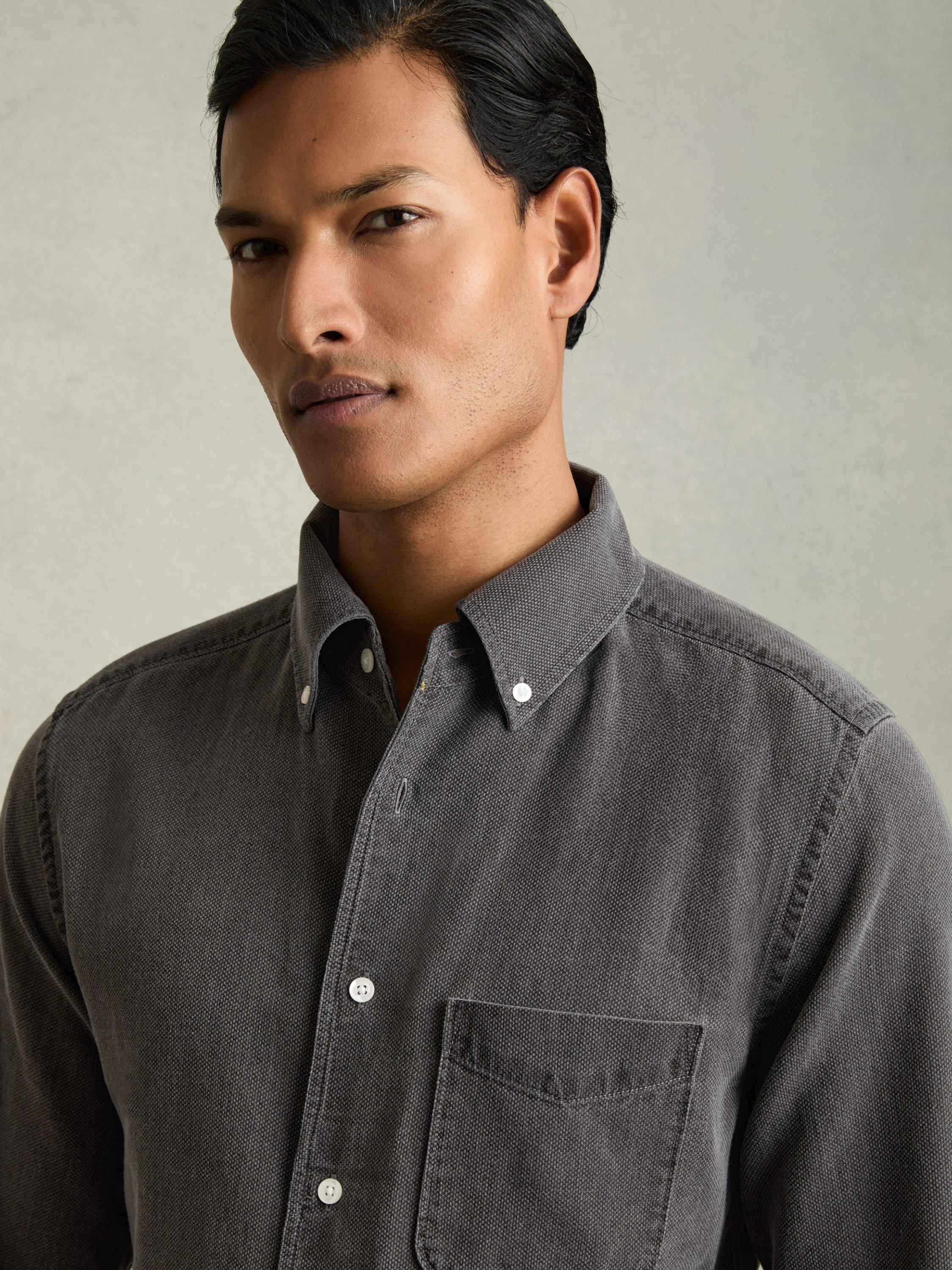 Product image 4 of 5, which shows Reiss Kittle Denim Piqué Button-Through Shirt, Washed Black, XS