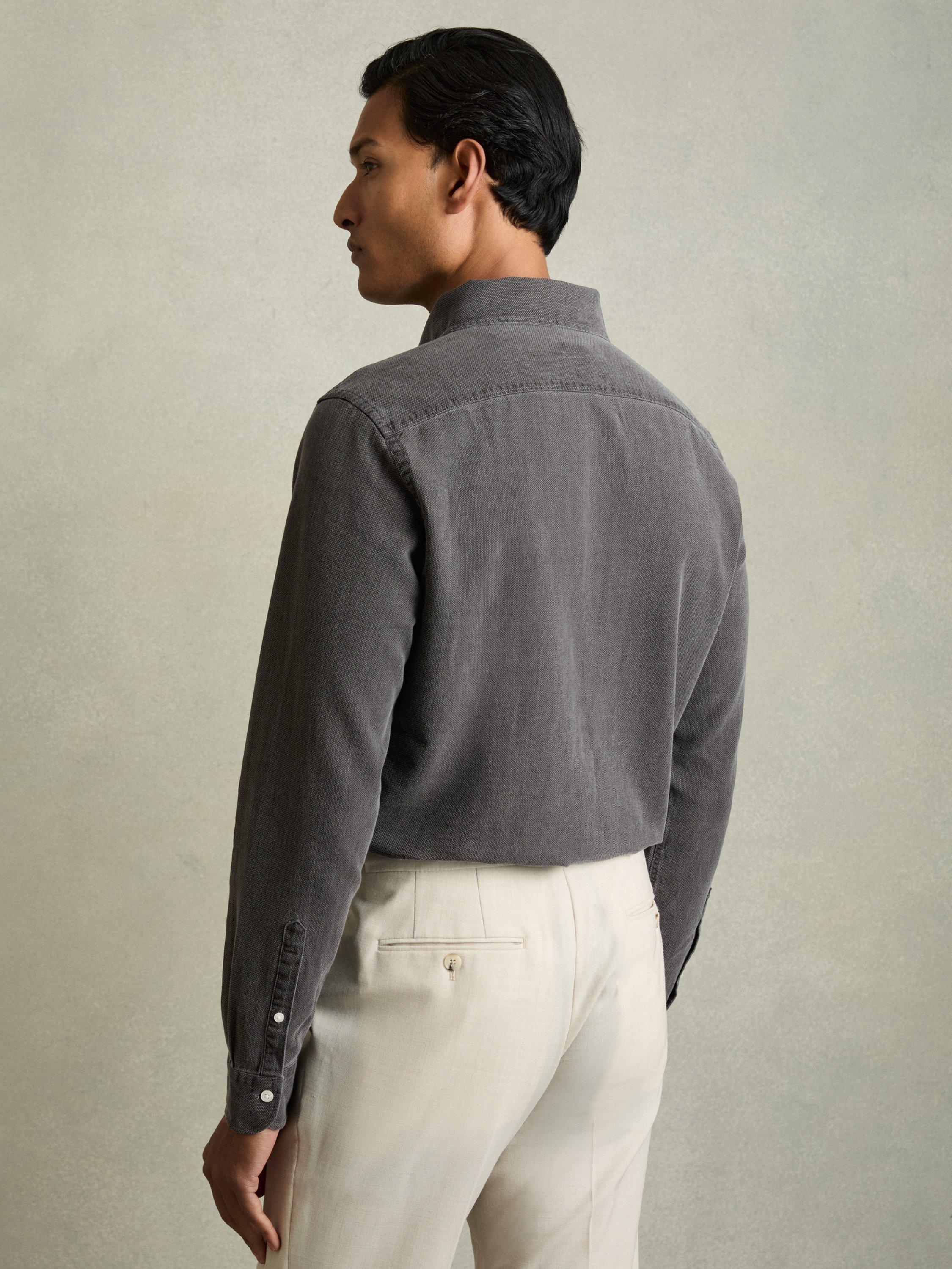 Product image 5 of 5, which shows Reiss Kittle Denim Piqué Button-Through Shirt, Washed Black, XS