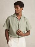 Reiss Nitus Herringbone Twill Cuban Collar Short Sleeve Shirt, Light Green
