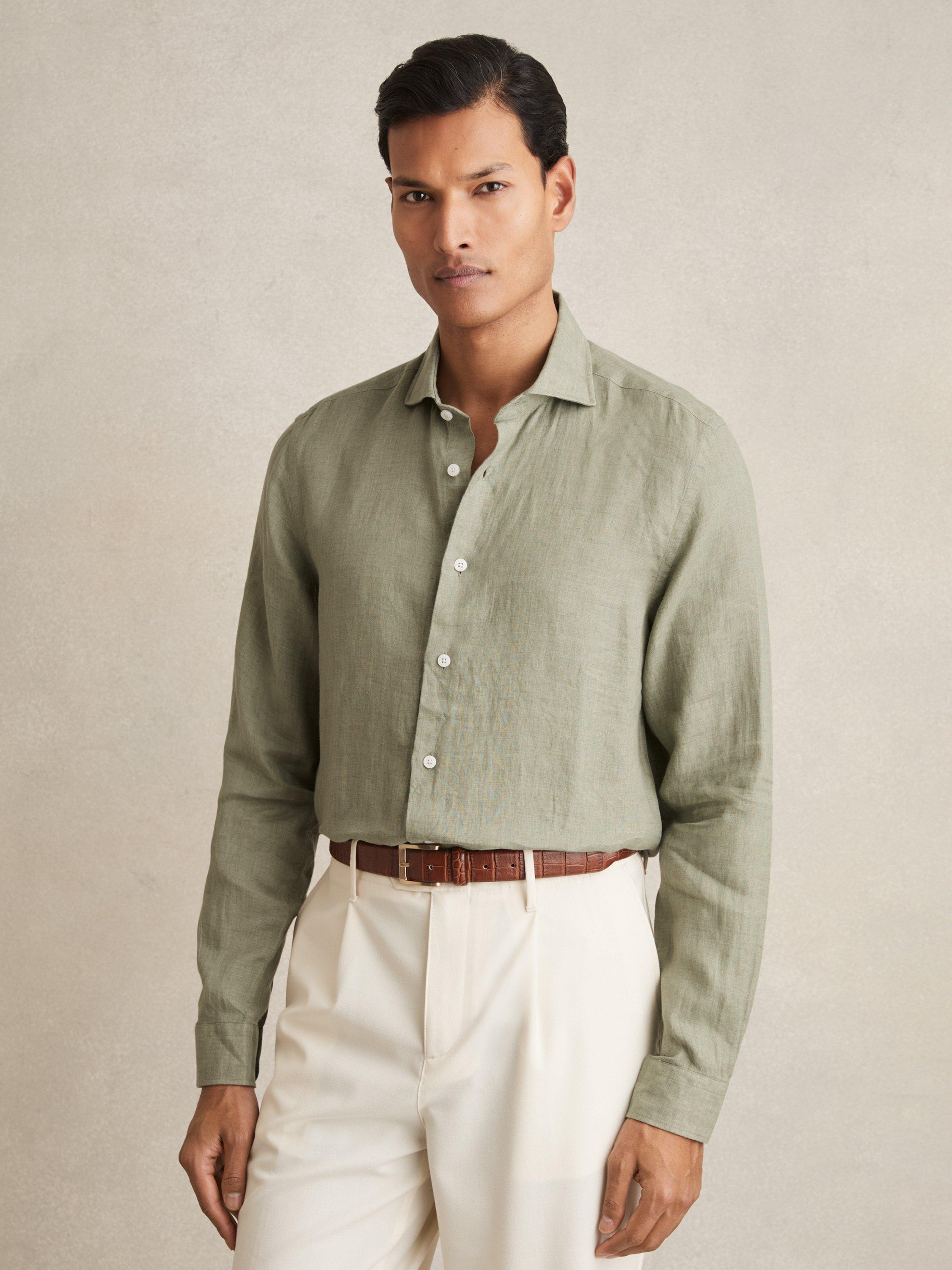 Product image 1 of 5, which shows Reiss Ruban Linen Button-Through Shirt, Green, XS
