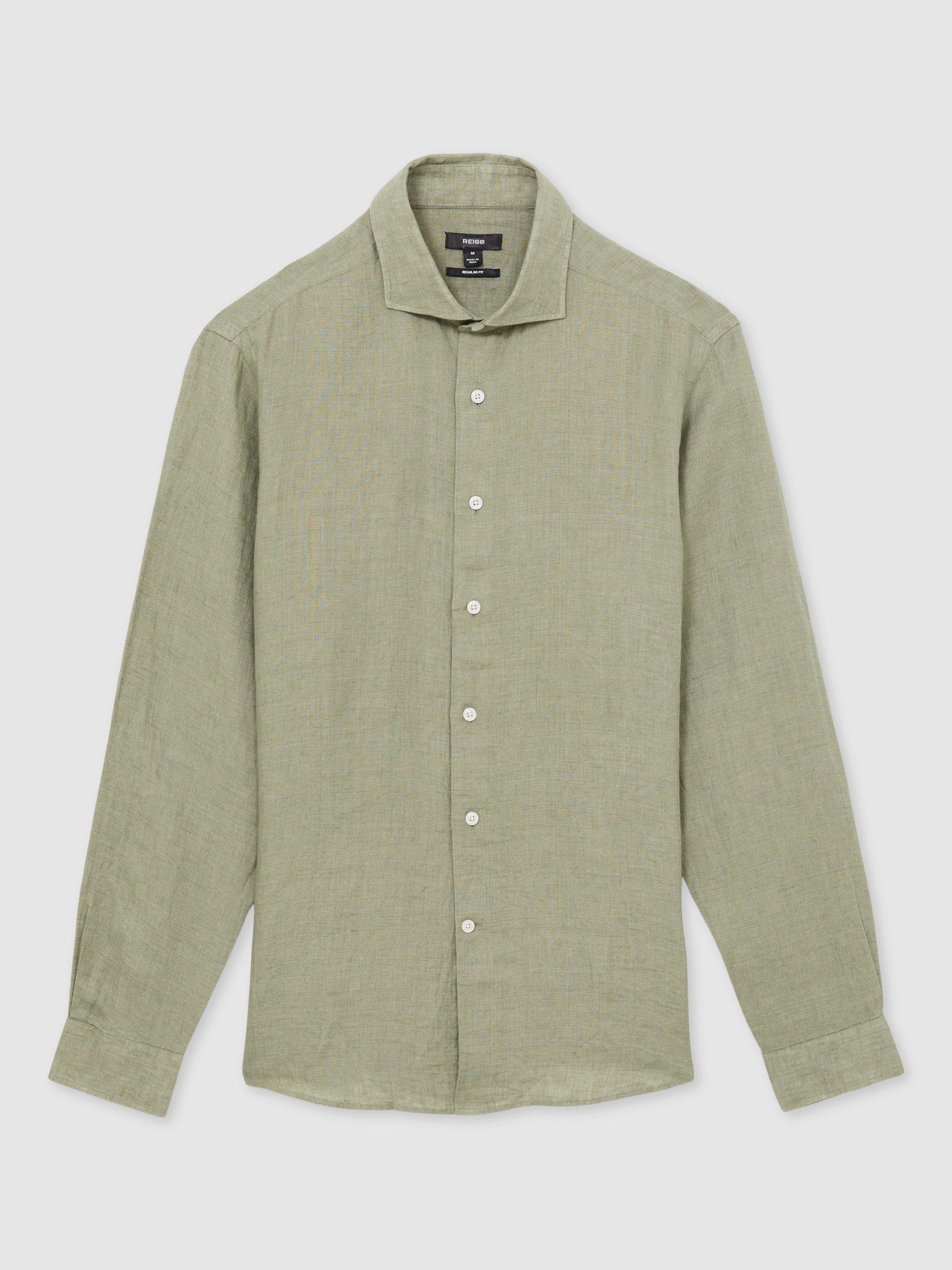 Product image 3 of 5, which shows Reiss Ruban Linen Button-Through Shirt, Green, XS
