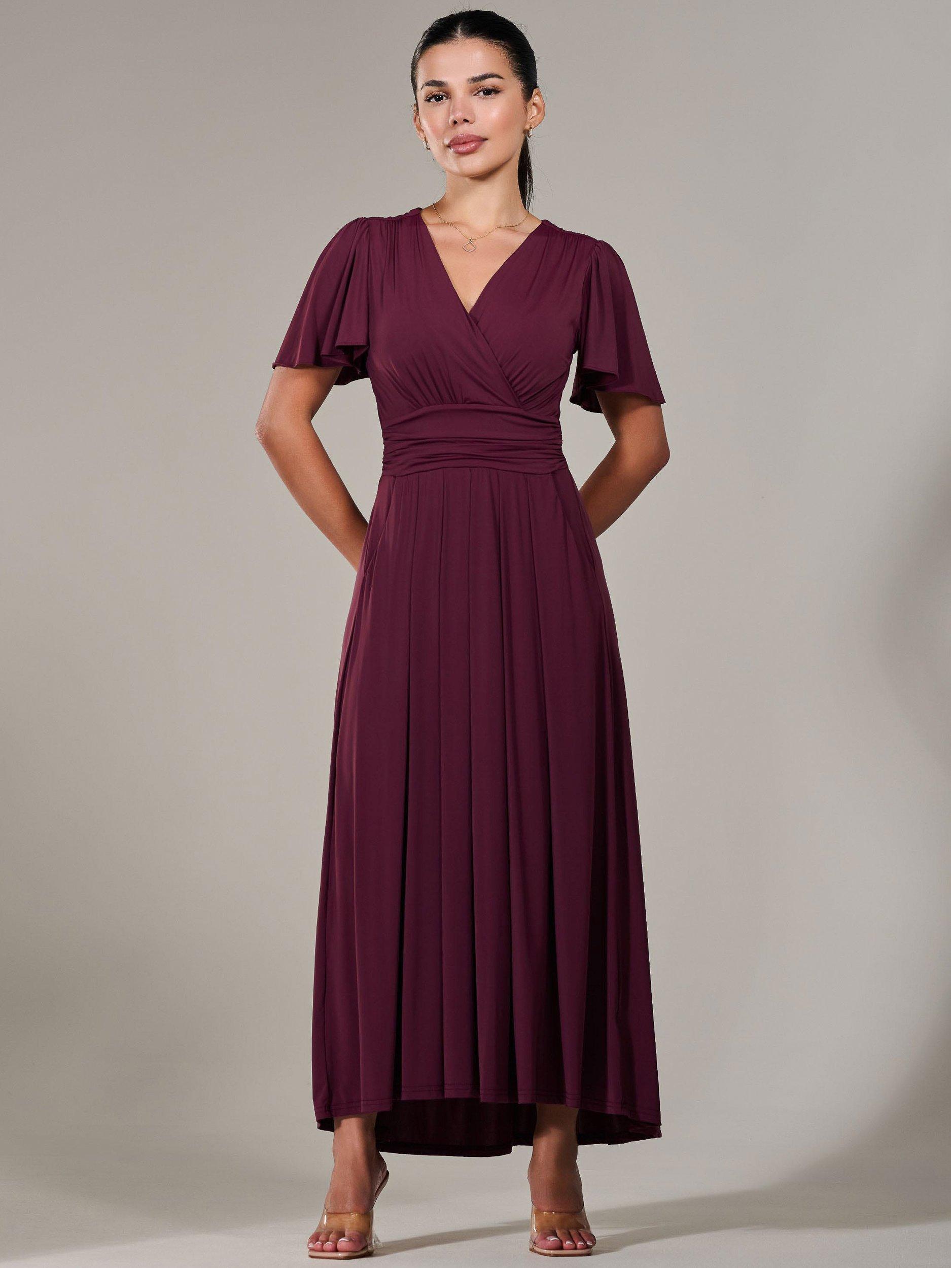 Product image 1 of 7, which shows Jolie Moi Short Sleeve Jersey Maxi Dress, Red Burgundy, 6Pt