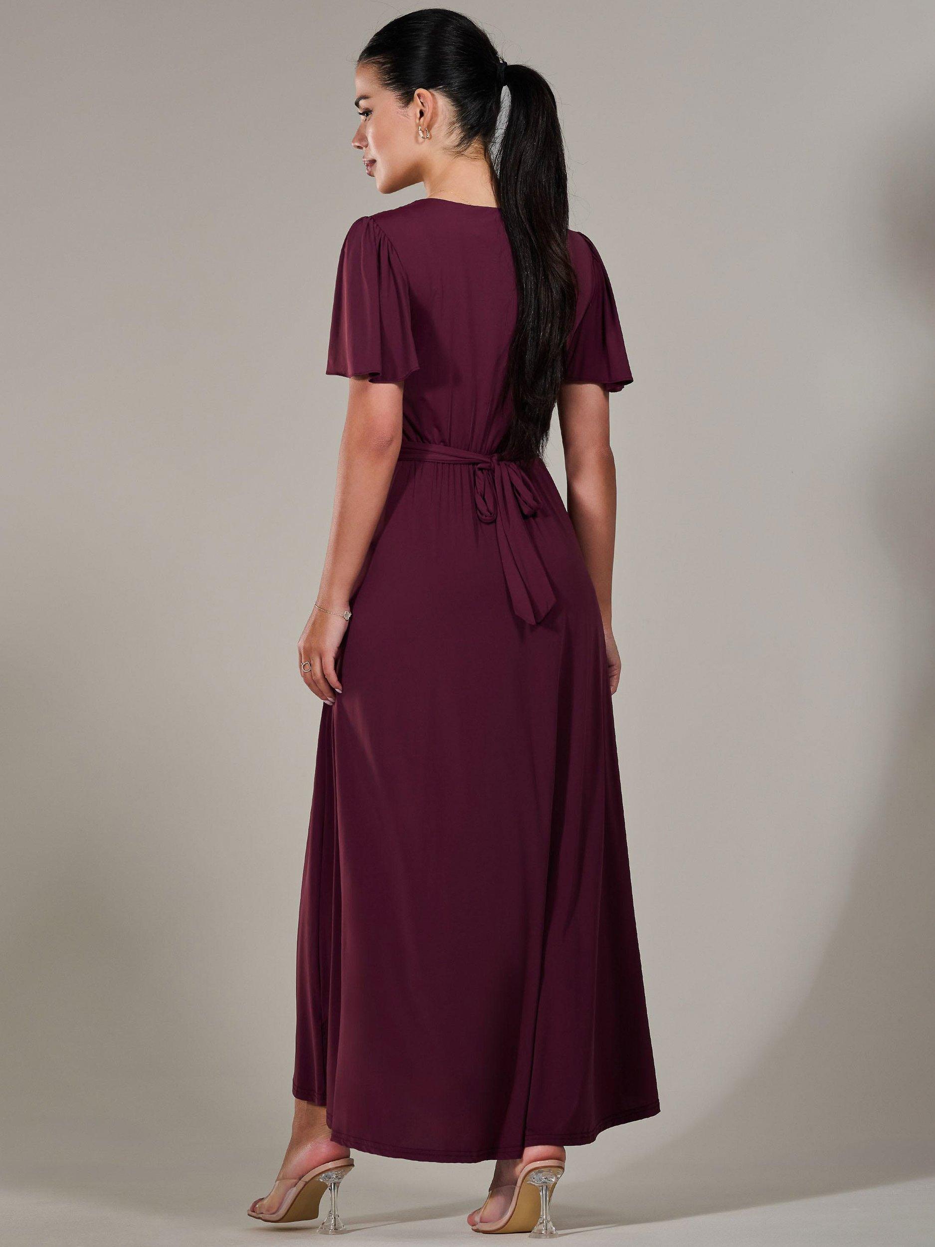 Product image 3 of 7, which shows Jolie Moi Short Sleeve Jersey Maxi Dress, Red Burgundy, 6Pt