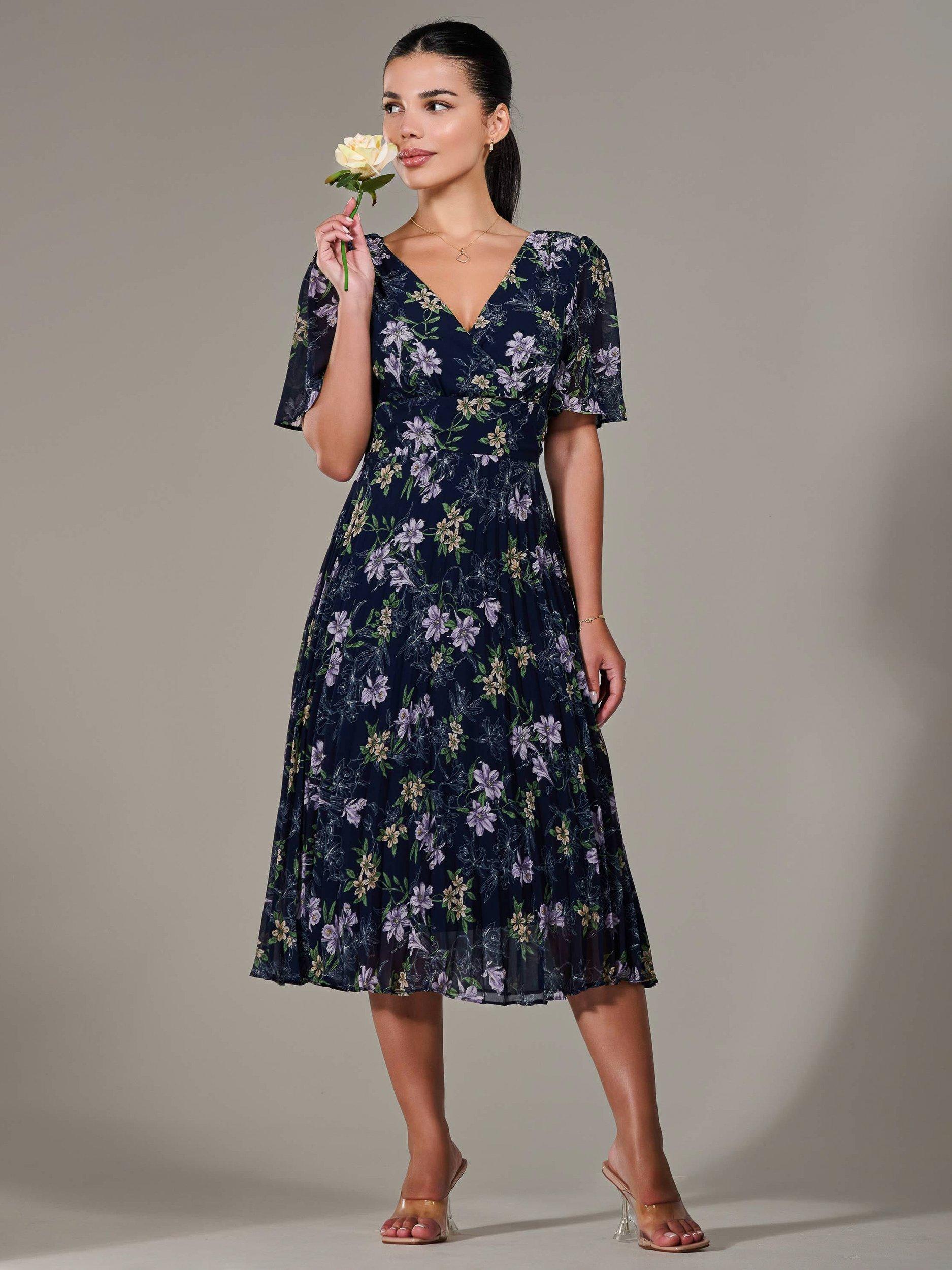 Product image 1 of 7, which shows Jolie Moi Petite Chiffon Pleated Midaxi Dress, Blue Navy, 6Pt