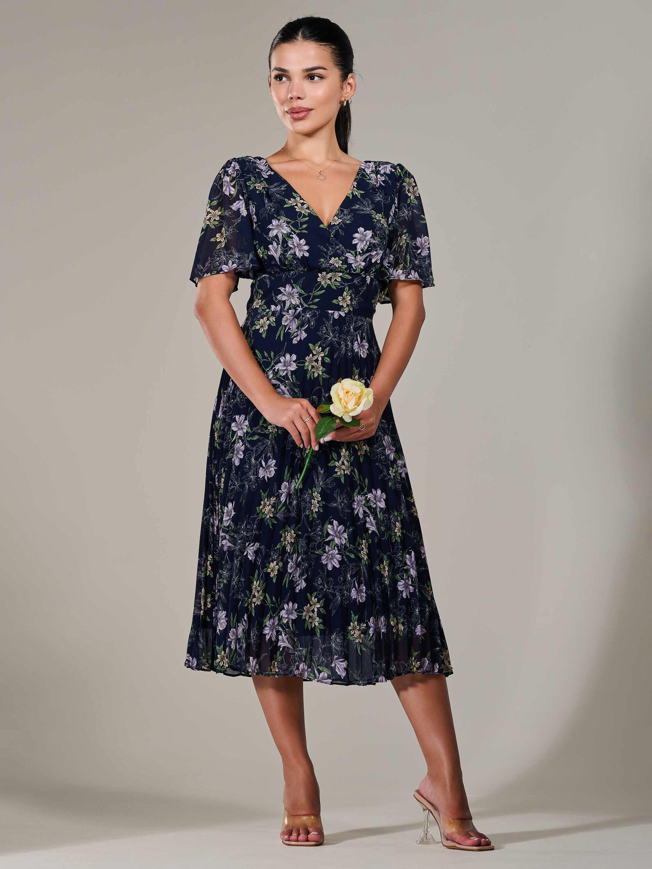 Product image 5 of 7, which shows Jolie Moi Petite Chiffon Pleated Midaxi Dress, Blue Navy, 6Pt