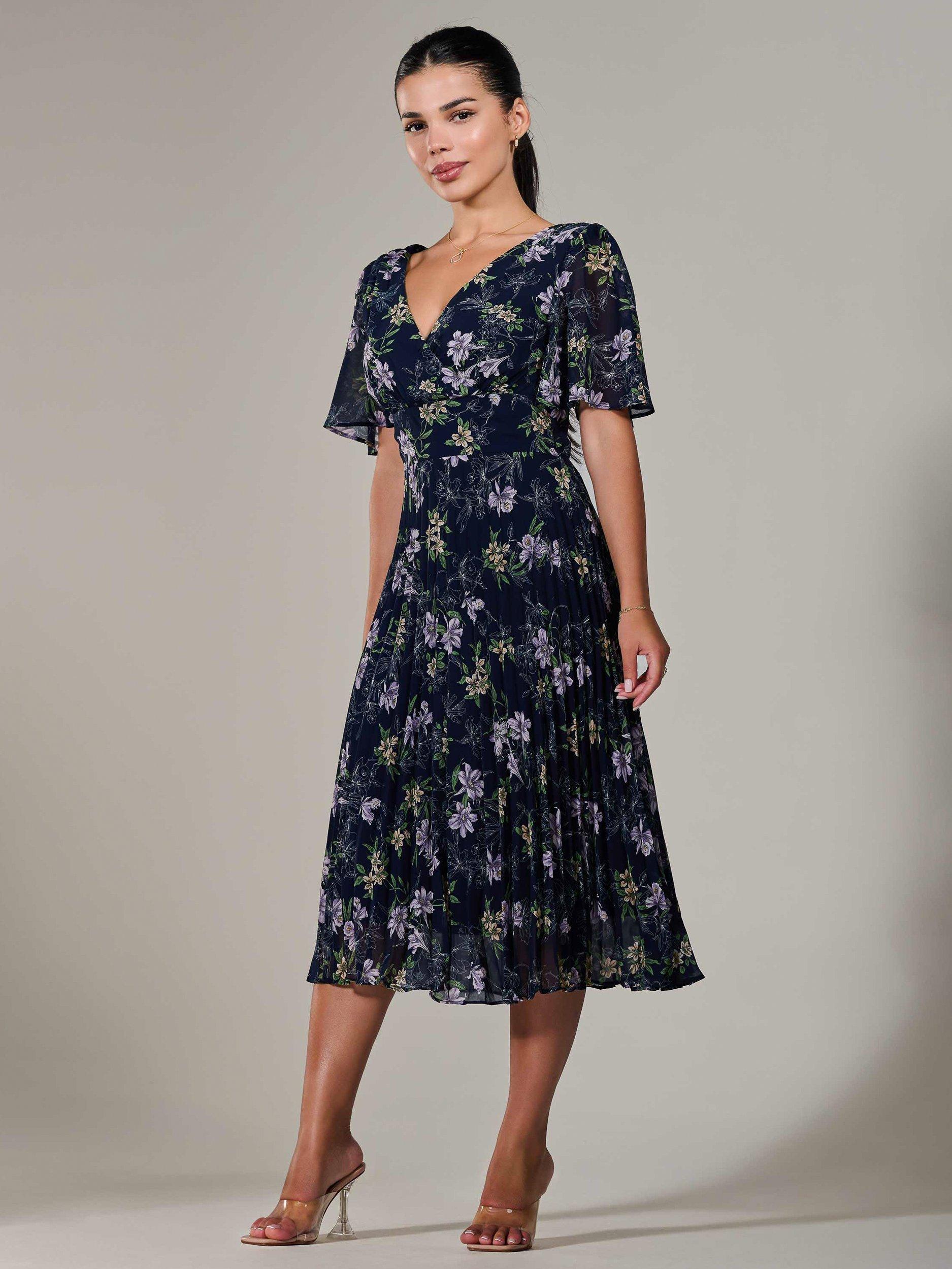 Product image 7 of 7, which shows Jolie Moi Petite Chiffon Pleated Midaxi Dress, Blue Navy, 6Pt