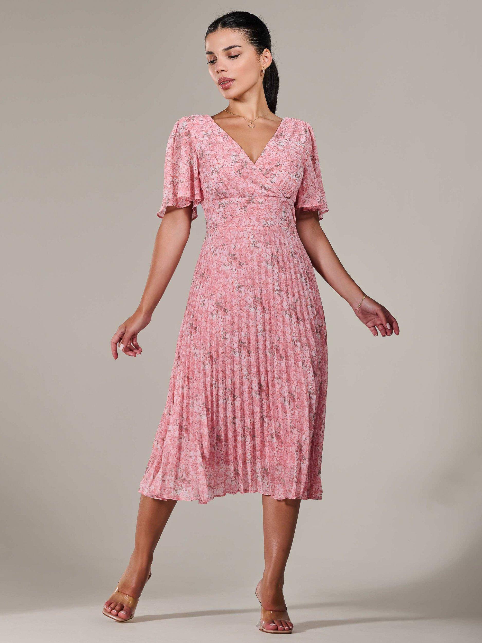 Product image 1 of 7, which shows Jolie Moi Petite Chiffon Pleated Midaxi Dress, Pink, 6Pt