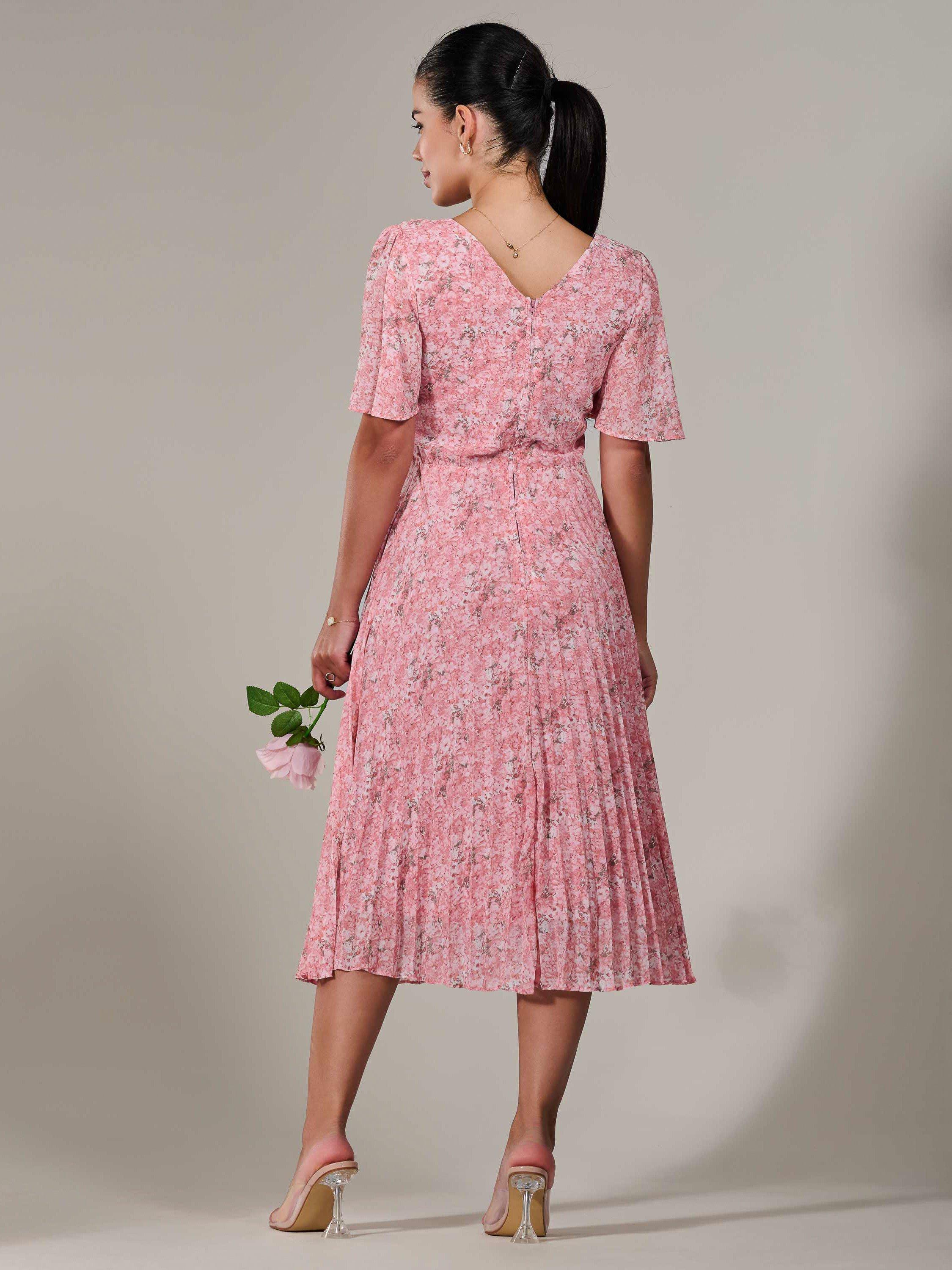 Product image 3 of 7, which shows Jolie Moi Petite Chiffon Pleated Midaxi Dress, Pink, 6Pt