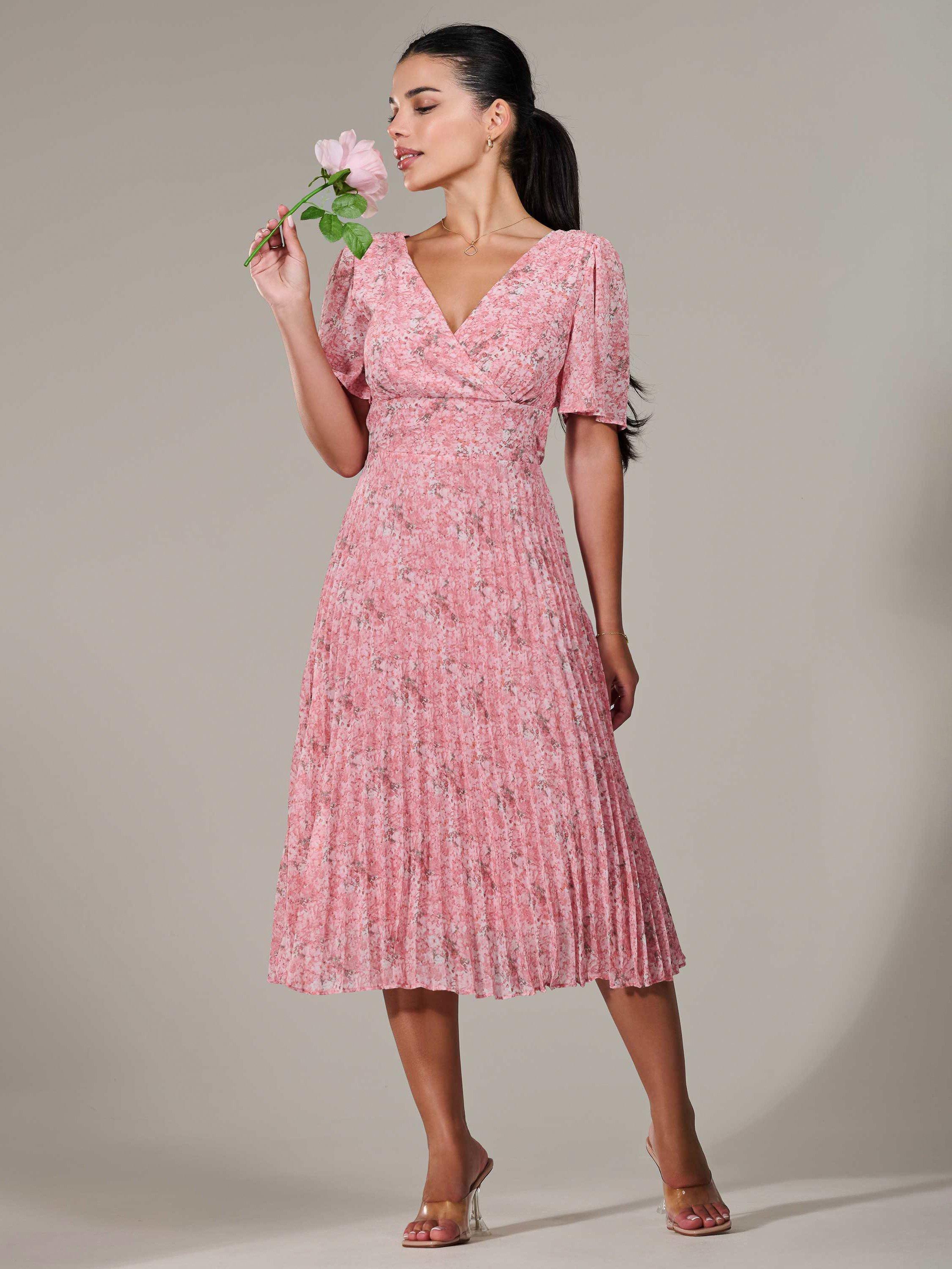 Product image 5 of 7, which shows Jolie Moi Petite Chiffon Pleated Midaxi Dress, Pink, 6Pt