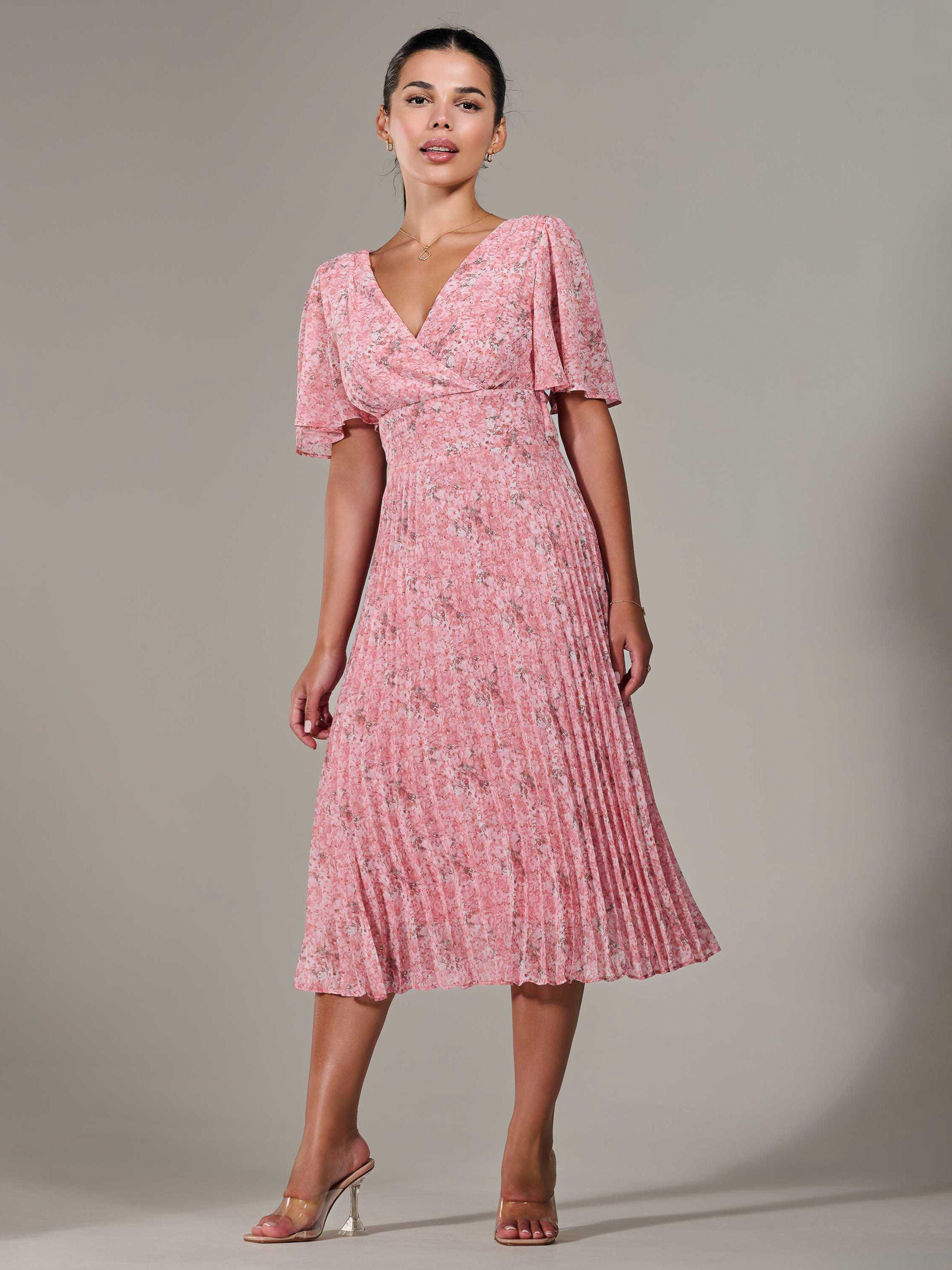Product image 6 of 7, which shows Jolie Moi Petite Chiffon Pleated Midaxi Dress, Pink, 6Pt