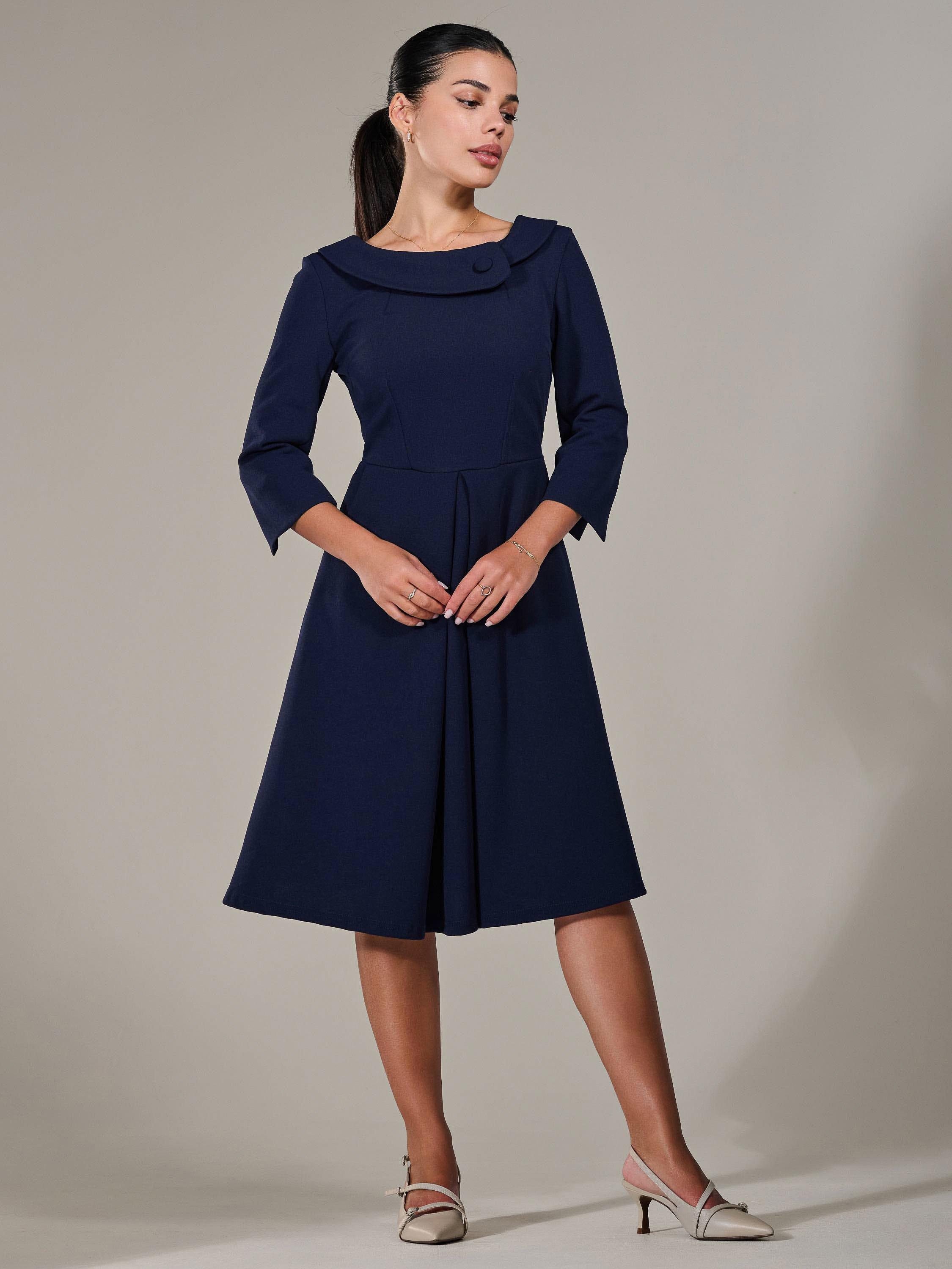 Product image 2 of 7, which shows Jolie Moi Petite Collar Button Dress, Blue Navy, 6Pt