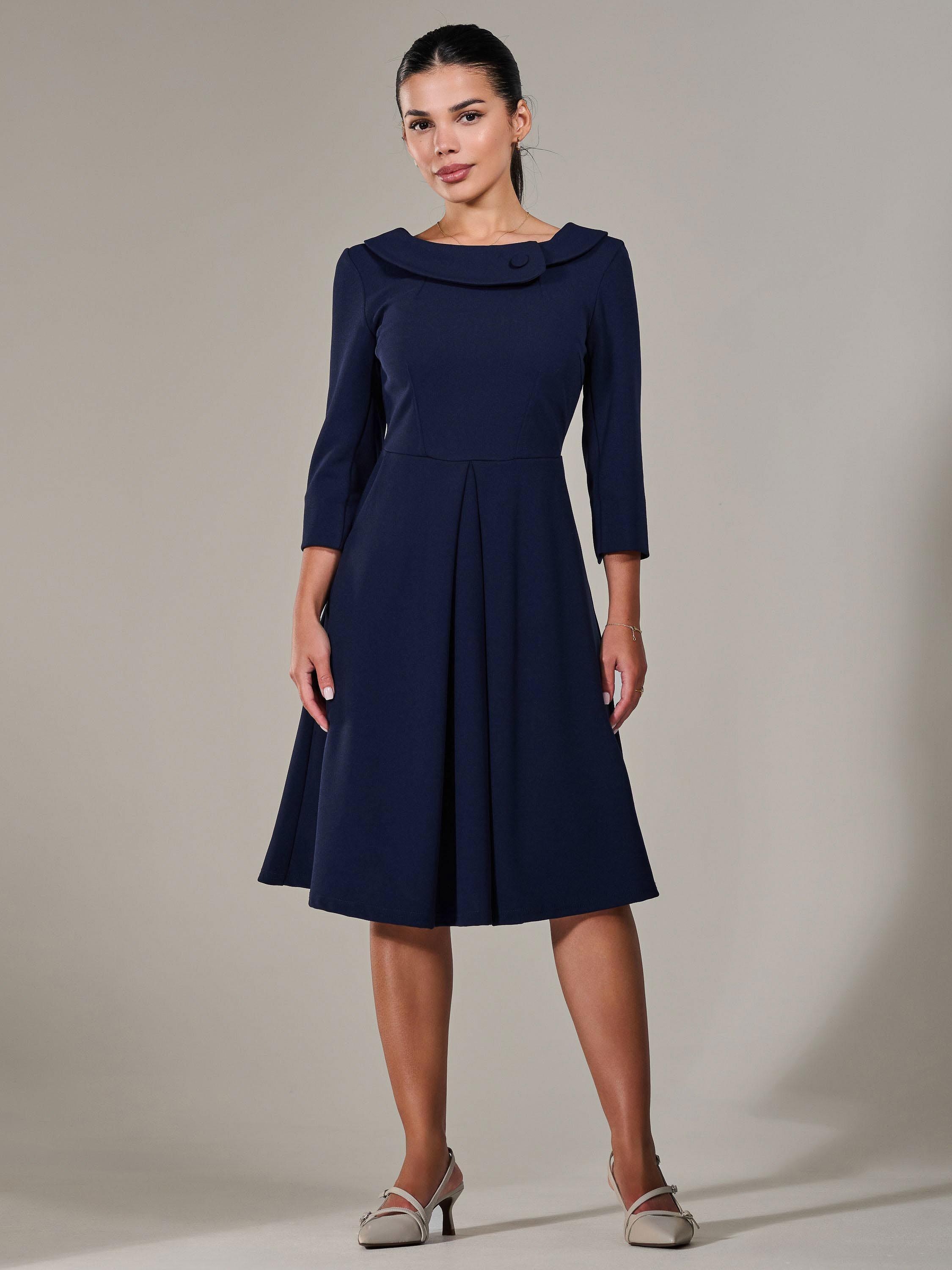 Product image 6 of 7, which shows Jolie Moi Petite Collar Button Dress, Blue Navy, 6Pt