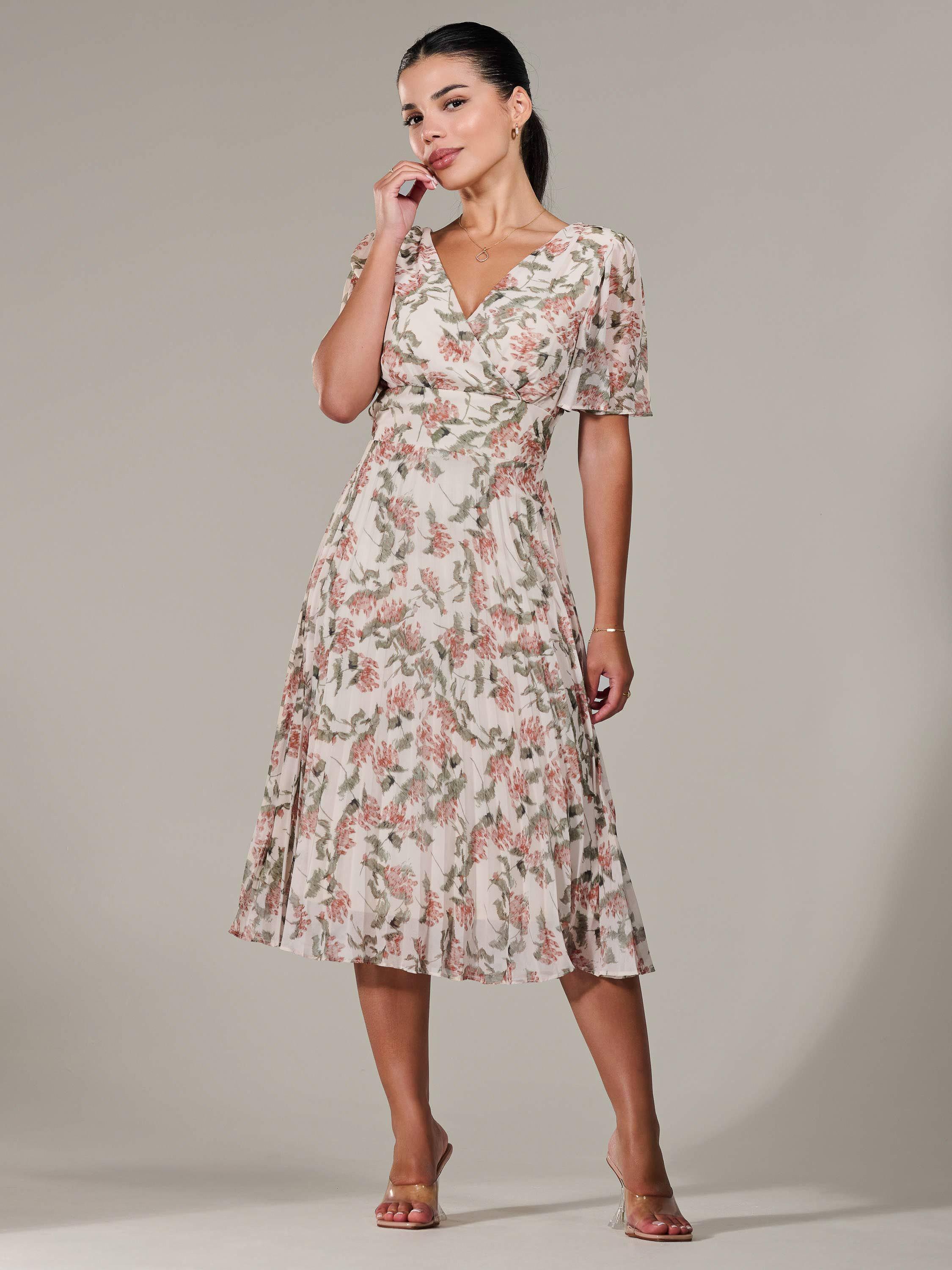 Product image 1 of 7, which shows Jolie Moi Petite Pleated Chiffon Midaxi Dress, Orange/Multi, 6Pt