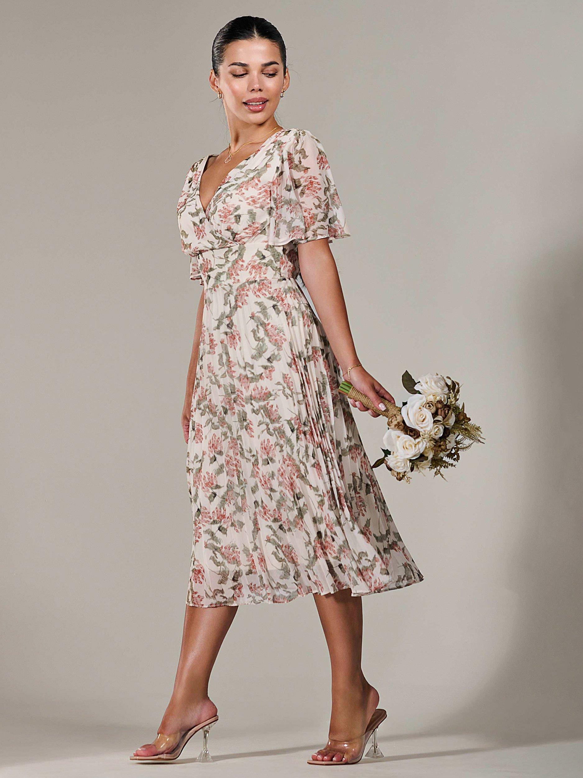 Product image 2 of 7, which shows Jolie Moi Petite Pleated Chiffon Midaxi Dress, Orange/Multi, 6Pt