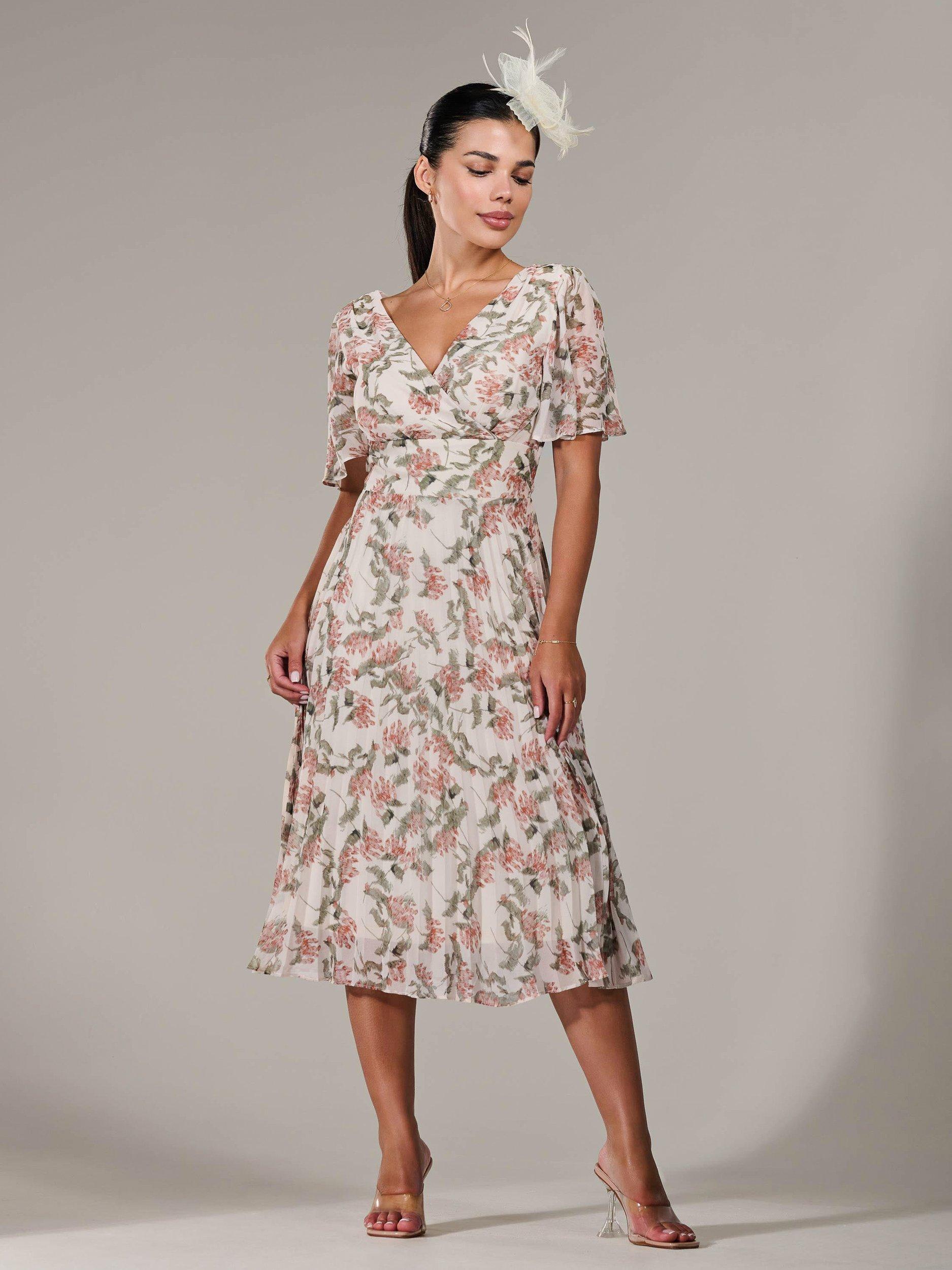 Product image 6 of 7, which shows Jolie Moi Petite Pleated Chiffon Midaxi Dress, Orange/Multi, 6Pt