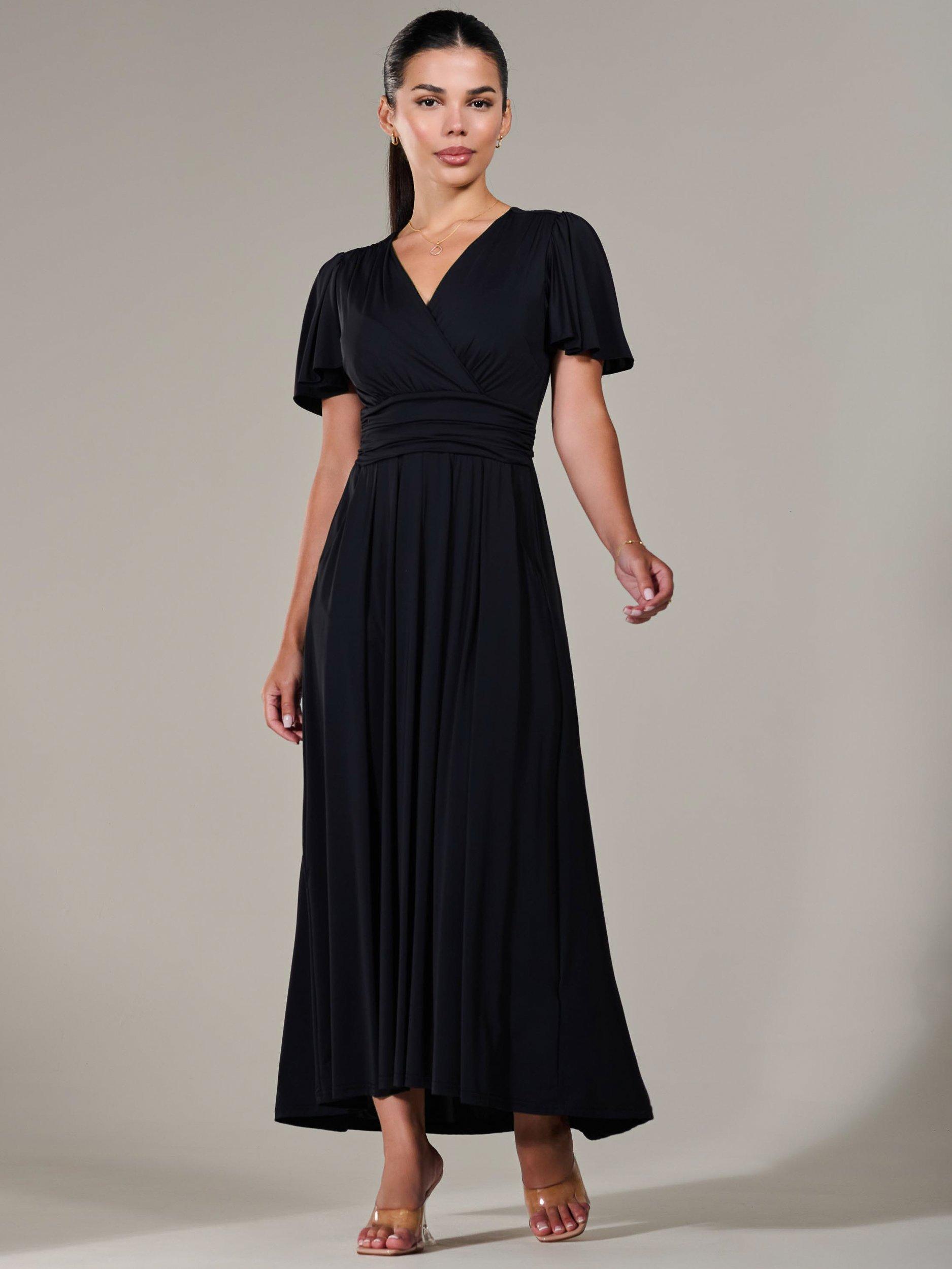 Product image 1 of 7, which shows Jolie Moi Short Sleeve Soft Jersey Maxi Dress, Black, 6Pt
