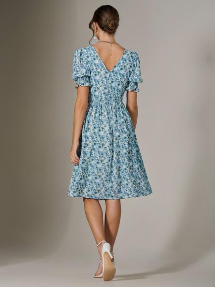 Jolie Moi Floral Puff Sleeve Midi Dress, Blue - view 2, Blue
