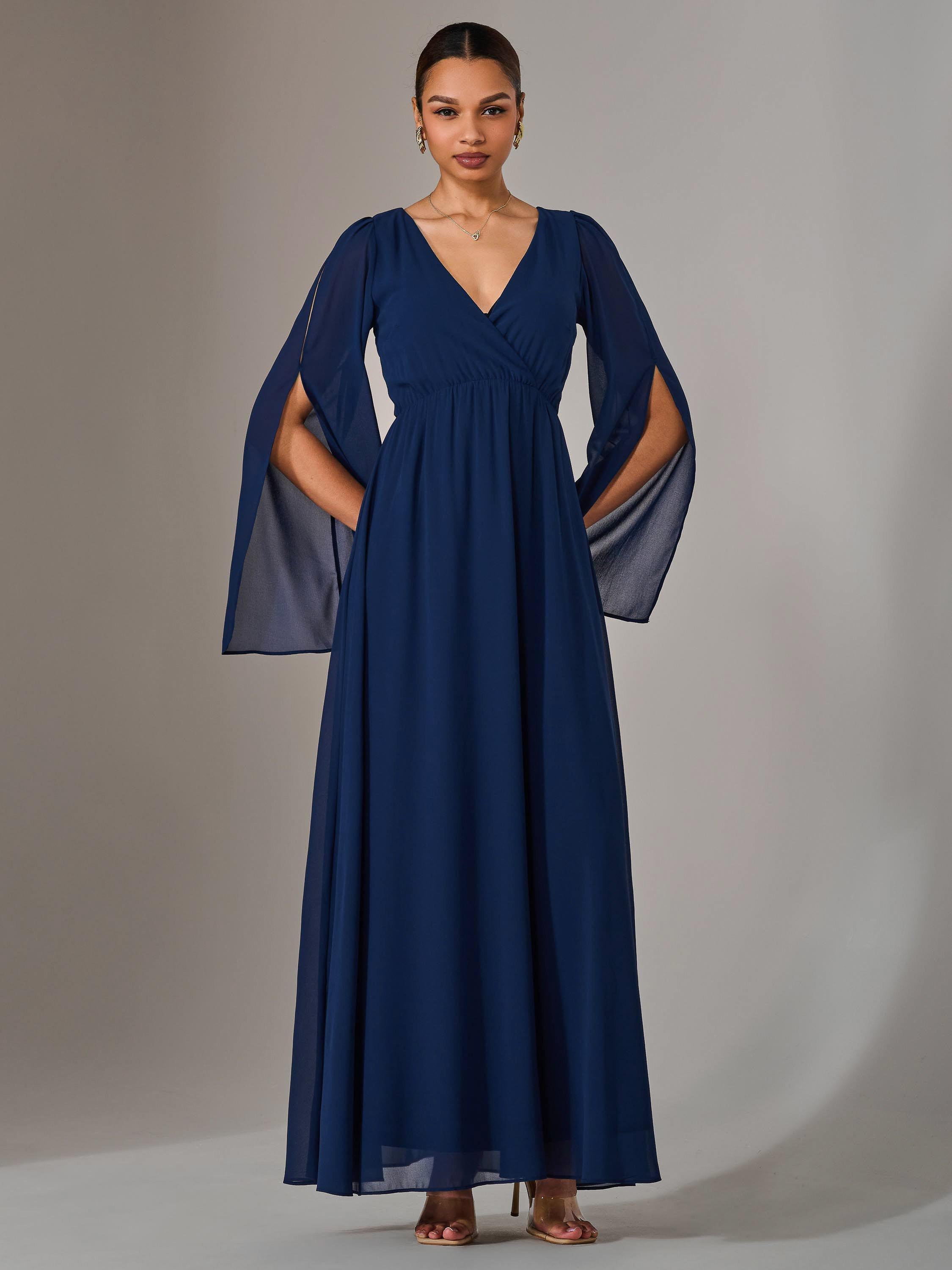 Product image 5 of 6, which shows Jolie Moi Chiffon Cap Sleeve Maxi Dress, Navy, 8