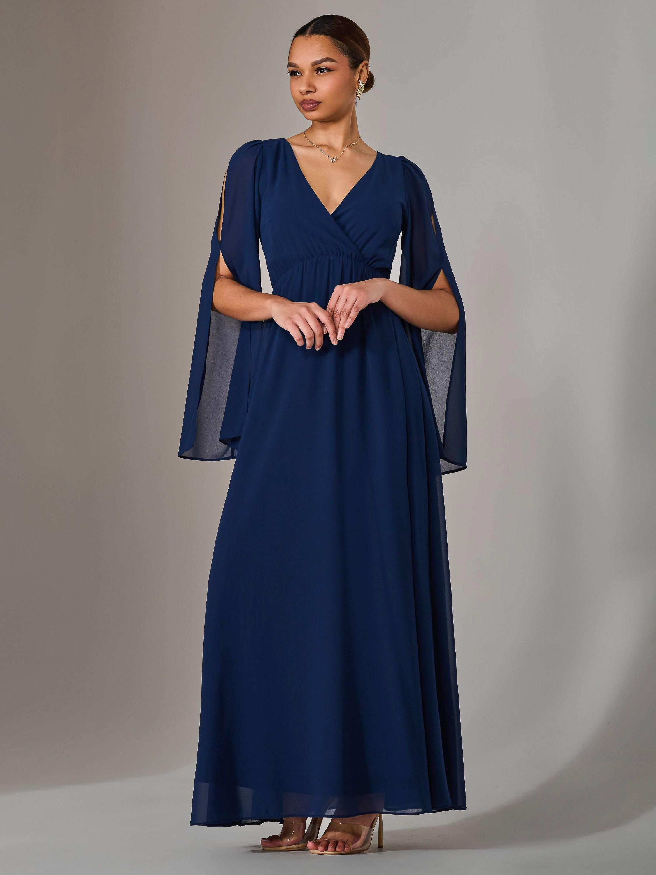 Product image 6 of 6, which shows Jolie Moi Chiffon Cap Sleeve Maxi Dress, Navy, 8