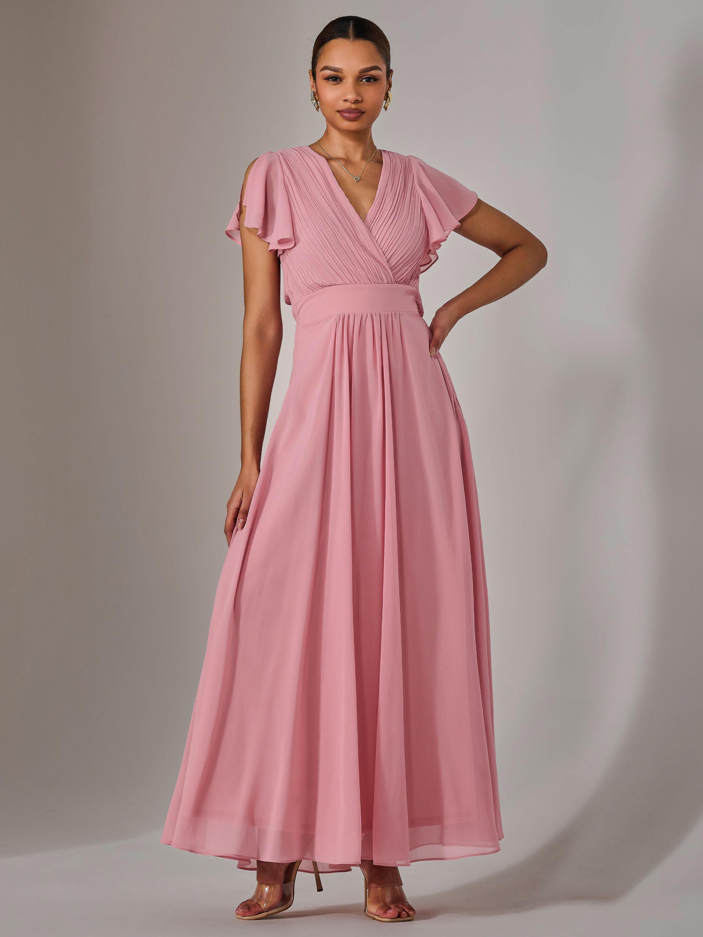 Product image 1 of 6, which shows Jolie Moi Chiffon Pleated Maxi Dress, Dusty Pink, 6