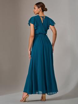 Jolie Moi Chiffon Flutter Sleeve Dress, Teal - view 2, Teal