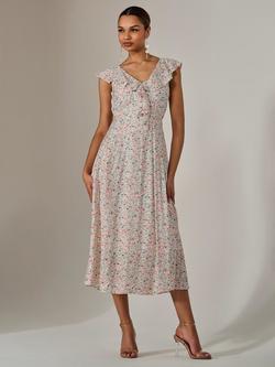 Jolie Moi Frill V-Neck Midaxi Dress, Pink/Multi, Pink/Multi