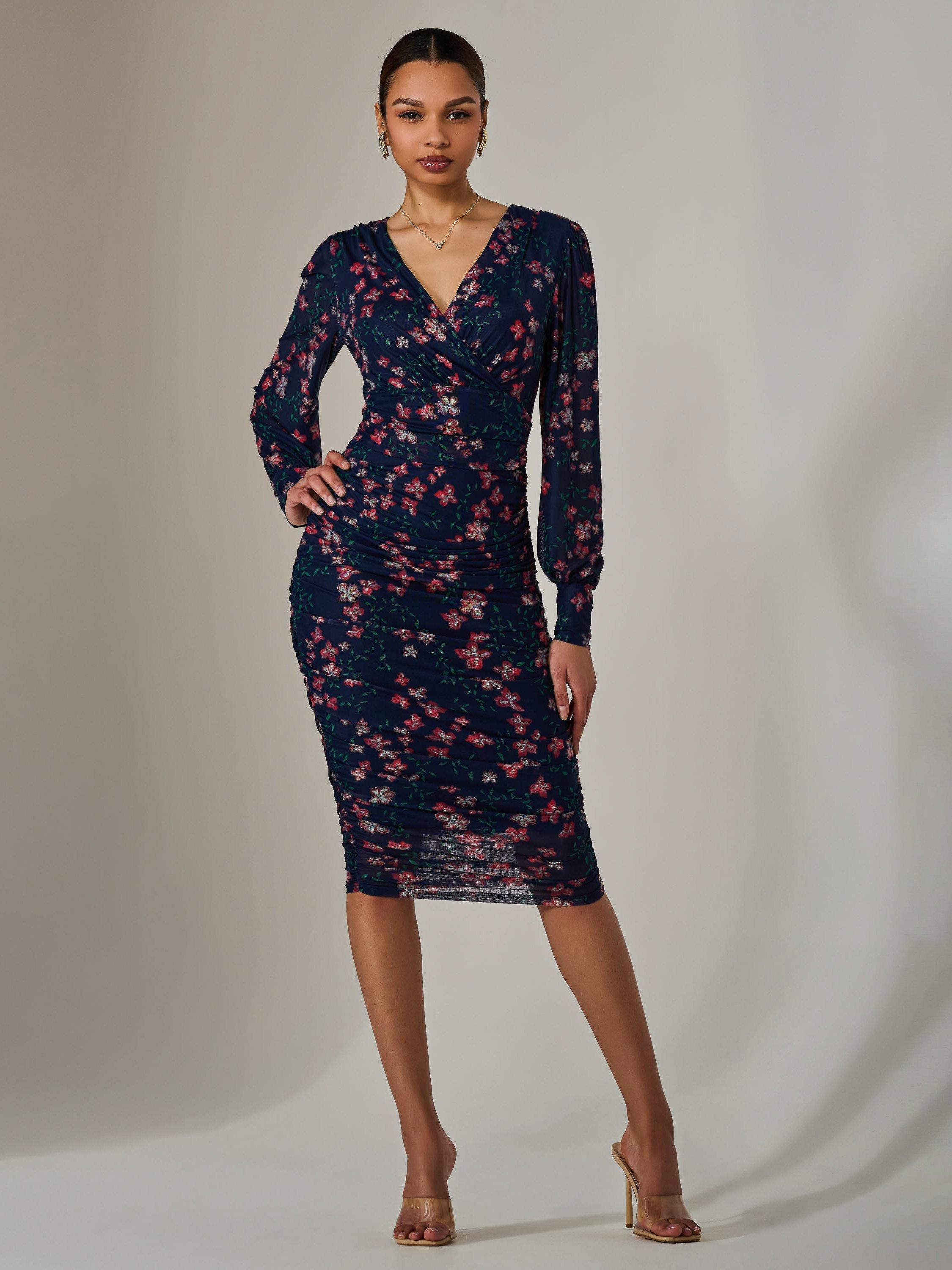 Jolie Moi Floral Mesh Ruched Bodycon Dress, Navy/Red