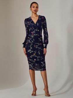 Jolie Moi Floral Mesh Long Sleeve Ruched Bodycon Dress, Navy/Pink - view 2, Navy/Pink