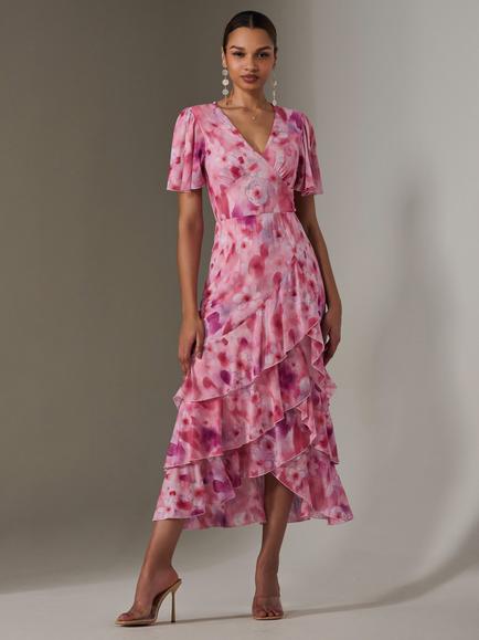 Jolie Moi Abstract Floral Mesh Frill Hem Midaxi Dress, Pink, Pink
