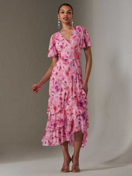 Jolie Moi Abstract Floral Mesh Frill Hem Midaxi Dress, Pink - view 2, Pink