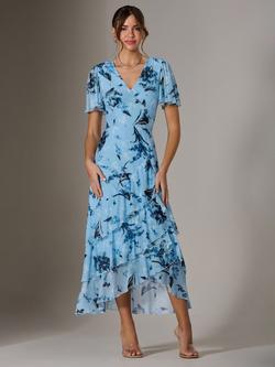 Jolie Moi Mesh Print Frill Midaxi Dress, Blue - view 2, Blue