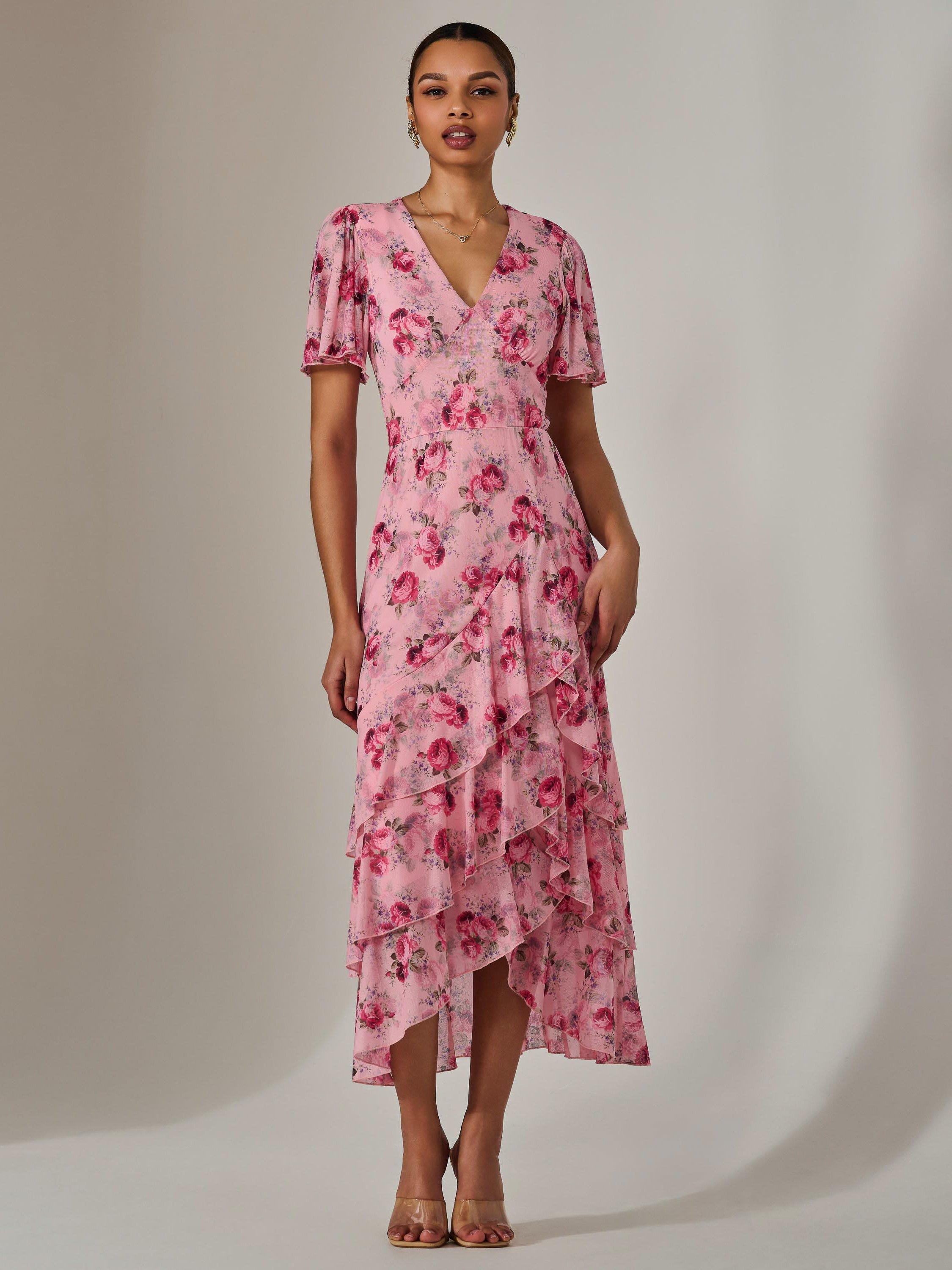 Product image 1 of 7, which shows Jolie Moi Floral Mesh Print Midaxi Dress, Pink, 8