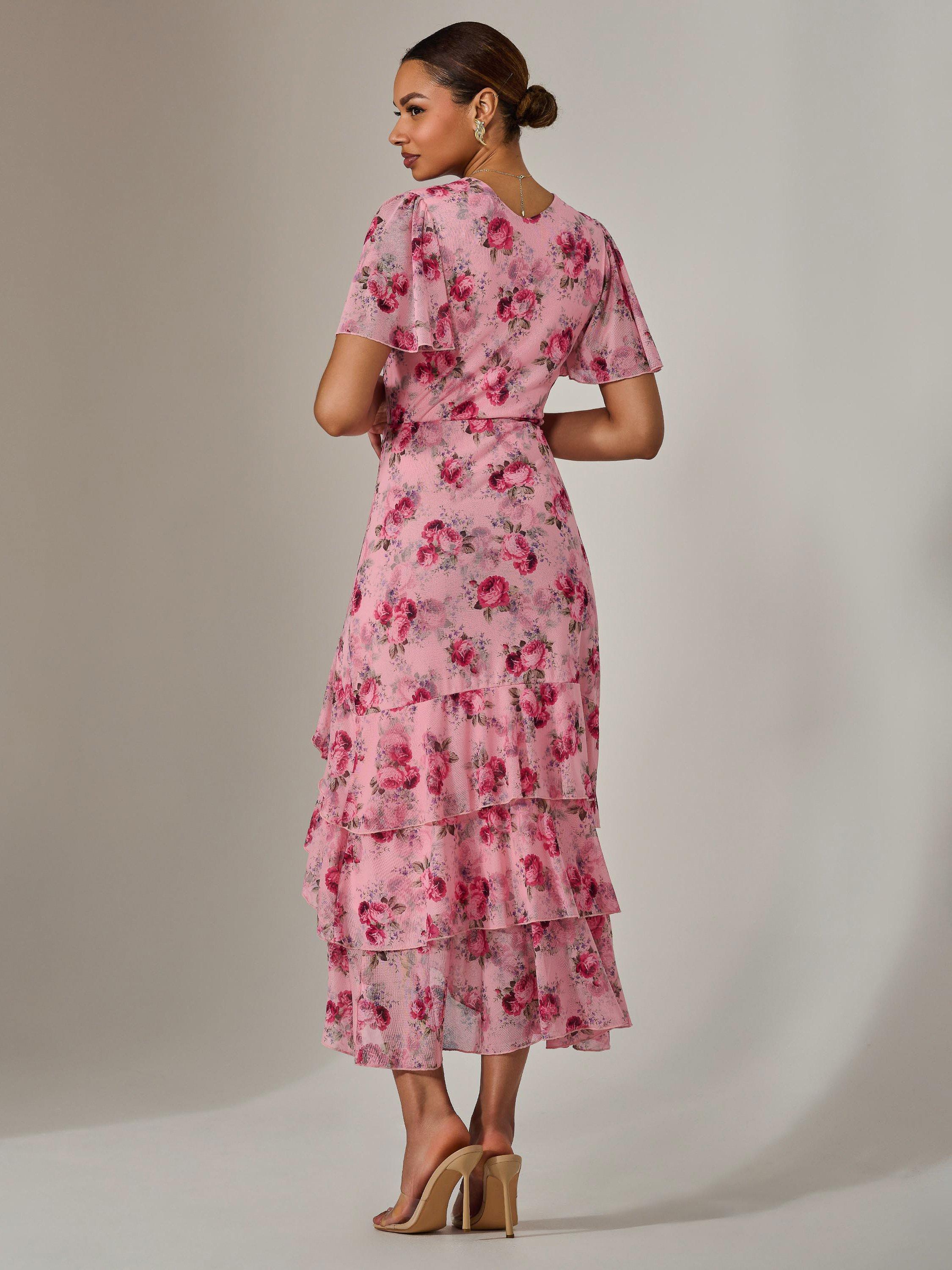 Product image 2 of 7, which shows Jolie Moi Floral Mesh Print Midaxi Dress, Pink, 8