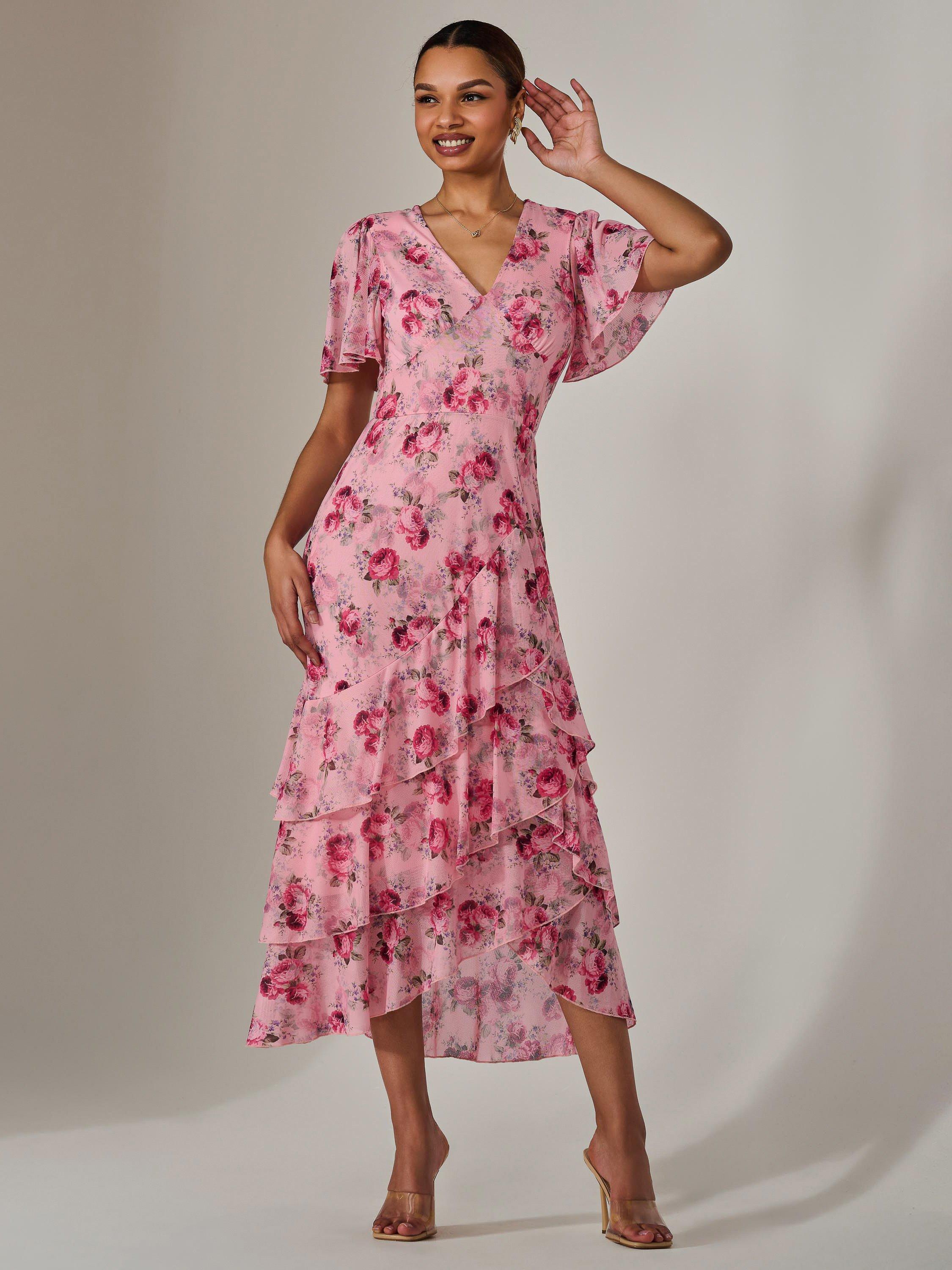 Product image 3 of 7, which shows Jolie Moi Floral Mesh Print Midaxi Dress, Pink, 8