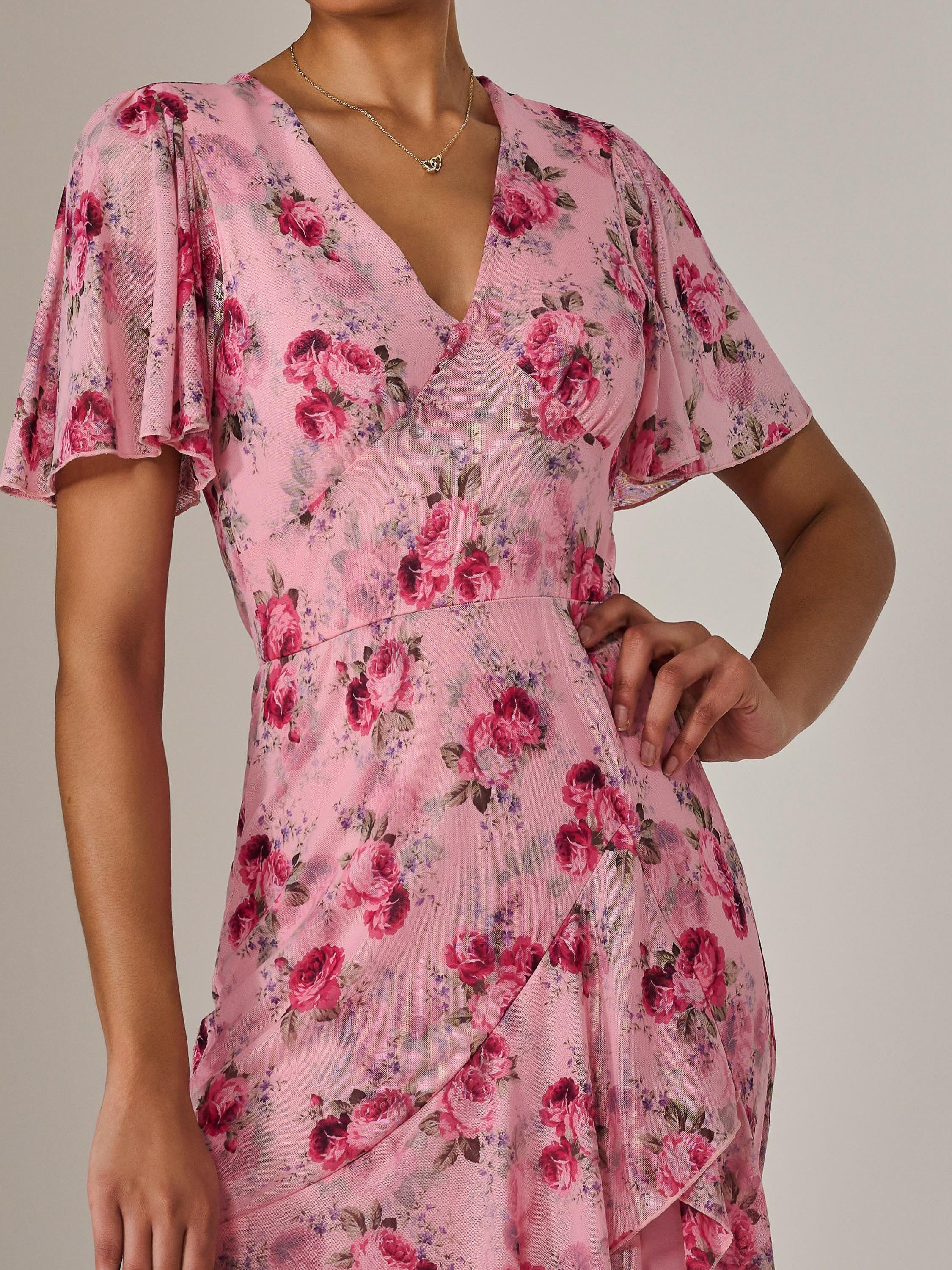 Product image 4 of 7, which shows Jolie Moi Floral Mesh Print Midaxi Dress, Pink, 8