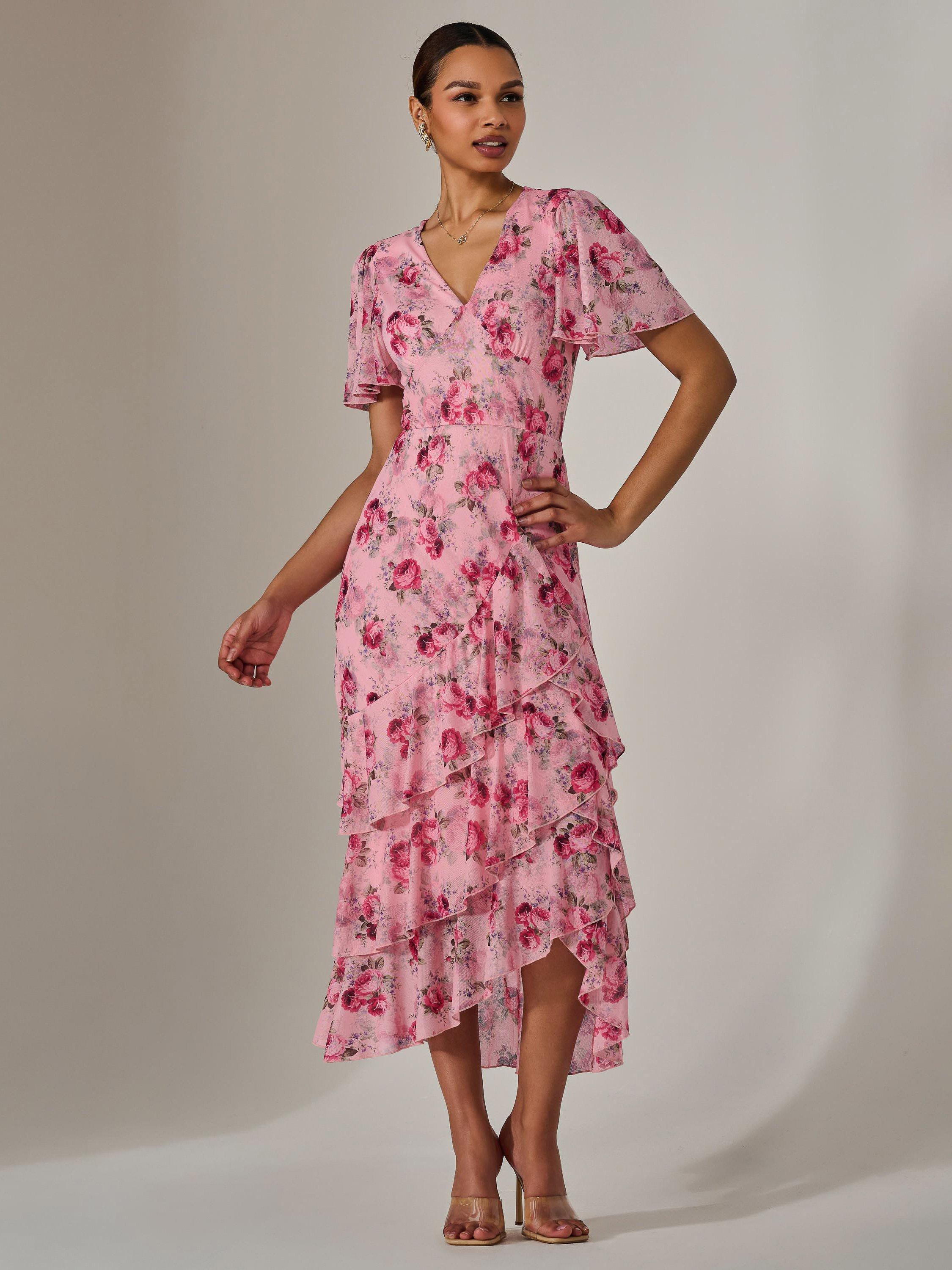 Product image 5 of 7, which shows Jolie Moi Floral Mesh Print Midaxi Dress, Pink, 8