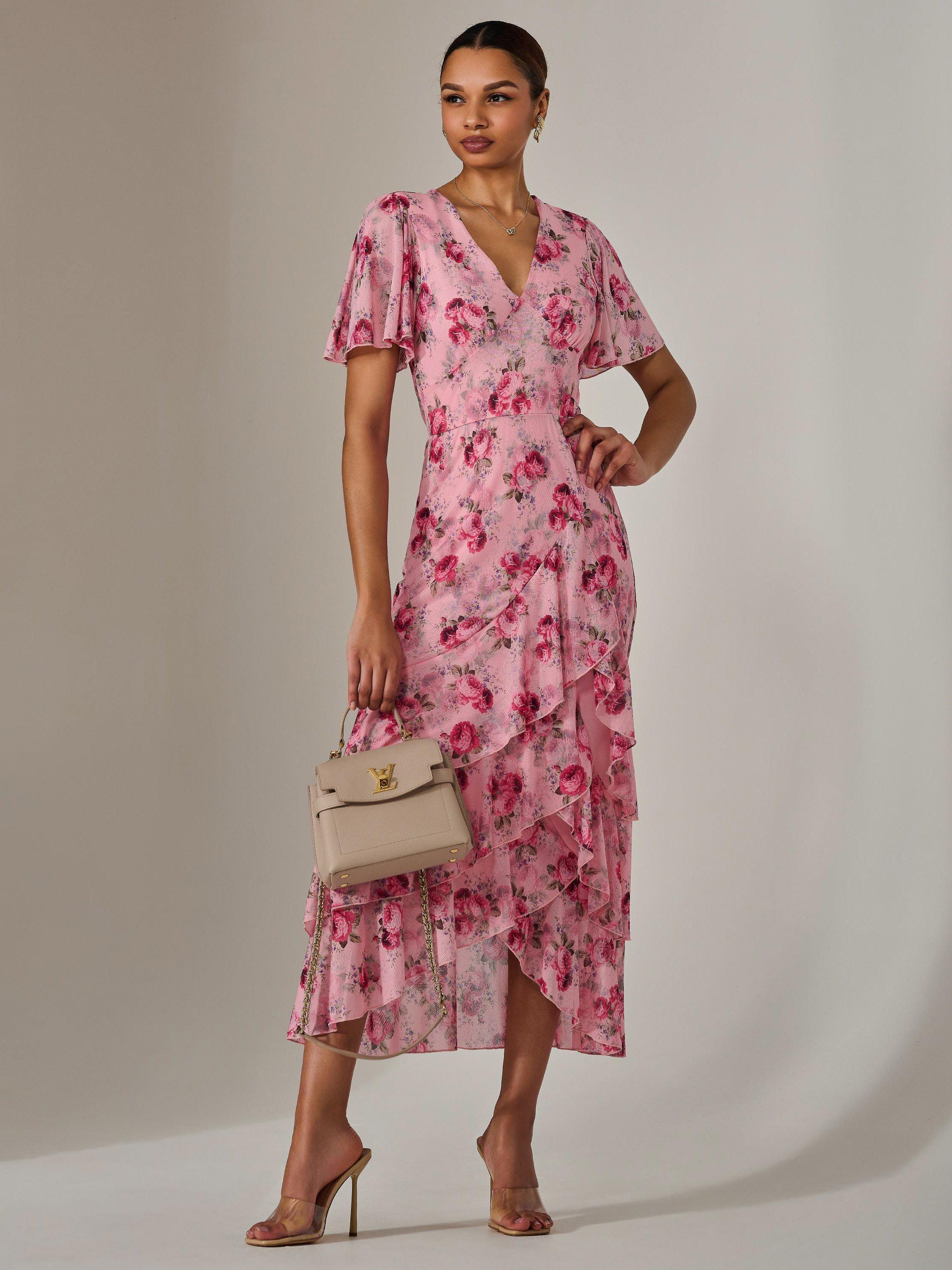 Product image 6 of 7, which shows Jolie Moi Floral Mesh Print Midaxi Dress, Pink, 8