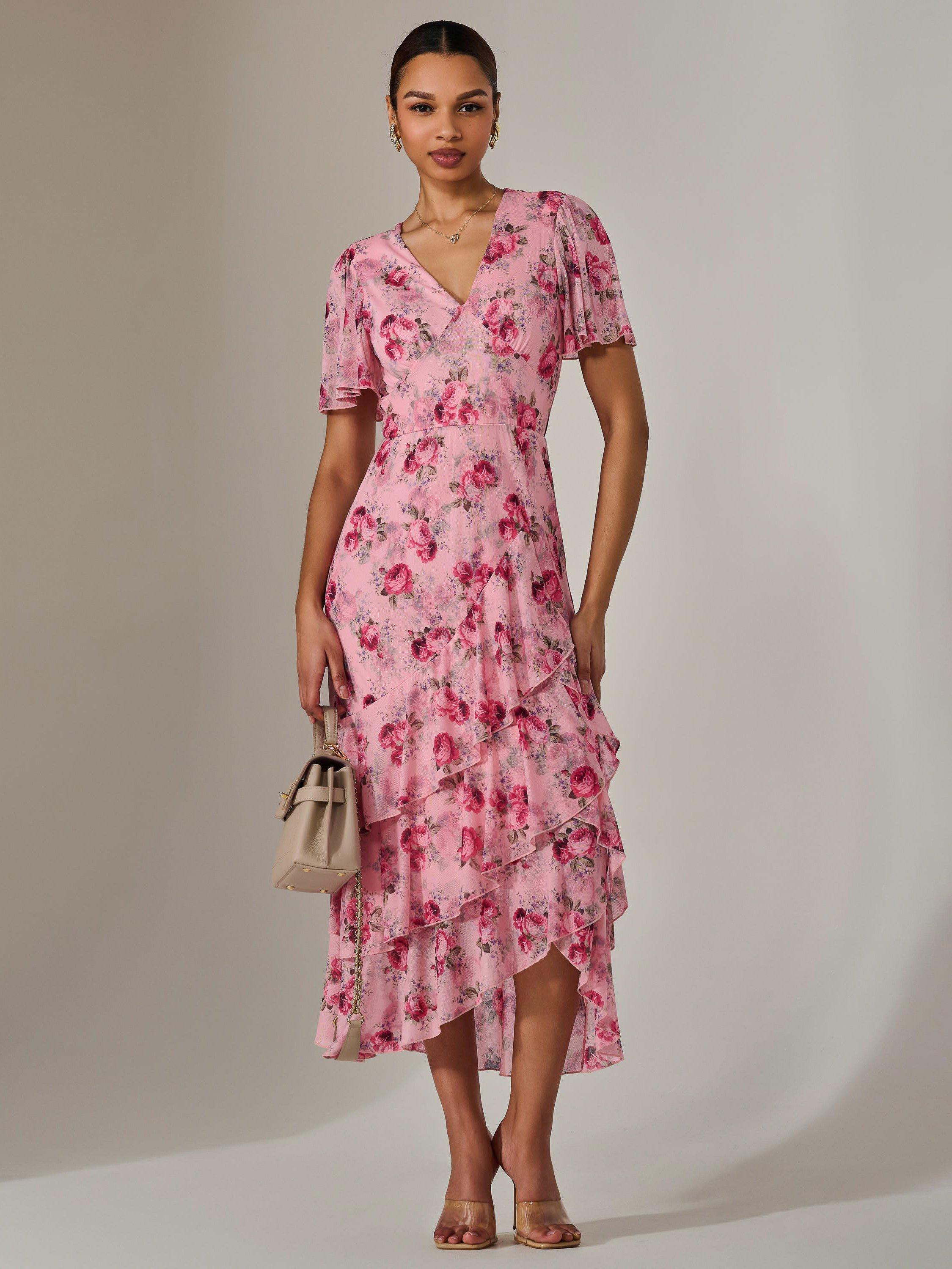 Product image 7 of 7, which shows Jolie Moi Floral Mesh Print Midaxi Dress, Pink, 8