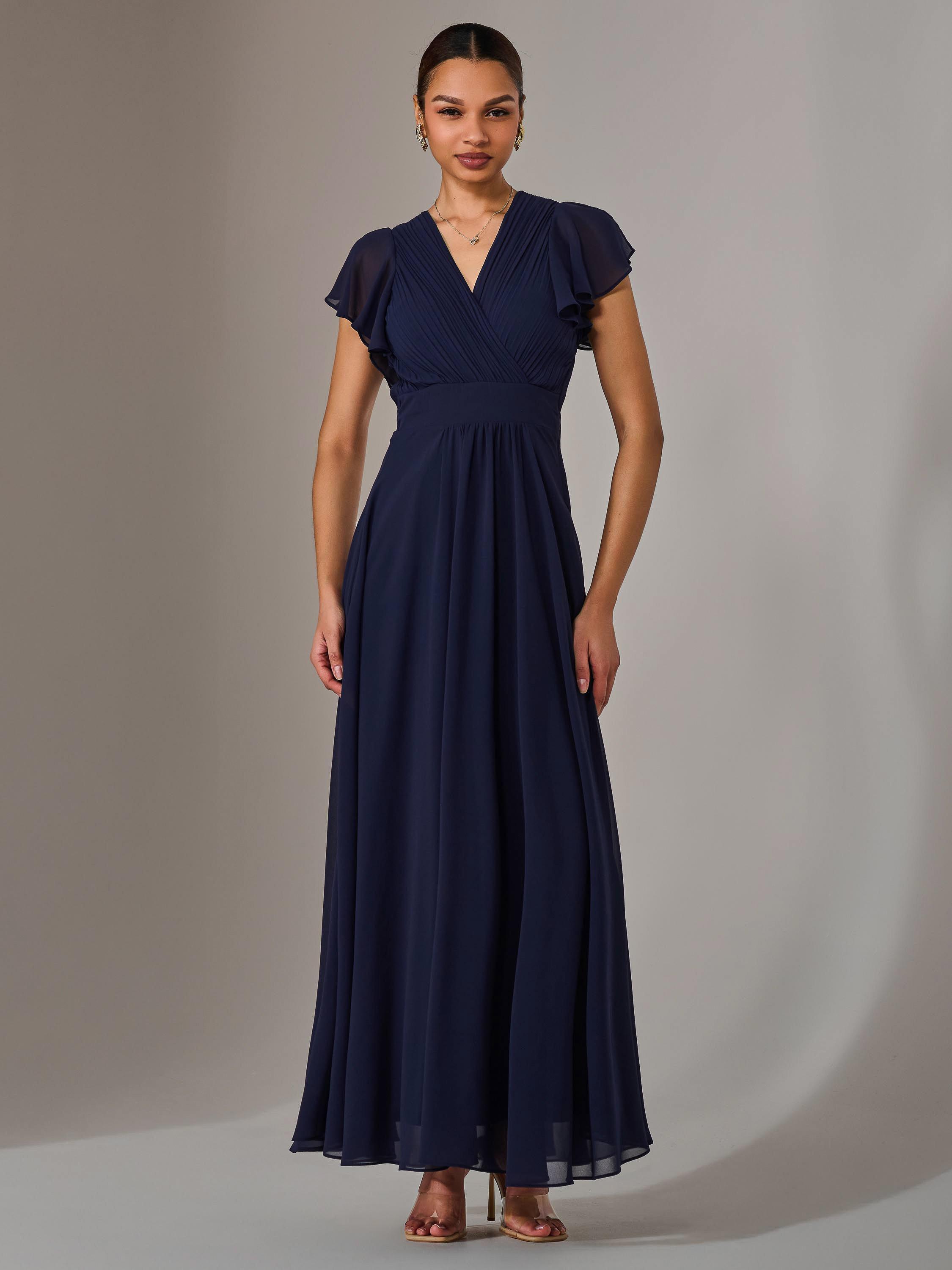 Product image 5 of 6, which shows Jolie Moi Pleated Chiffon Maxi Dress, Navy, 6