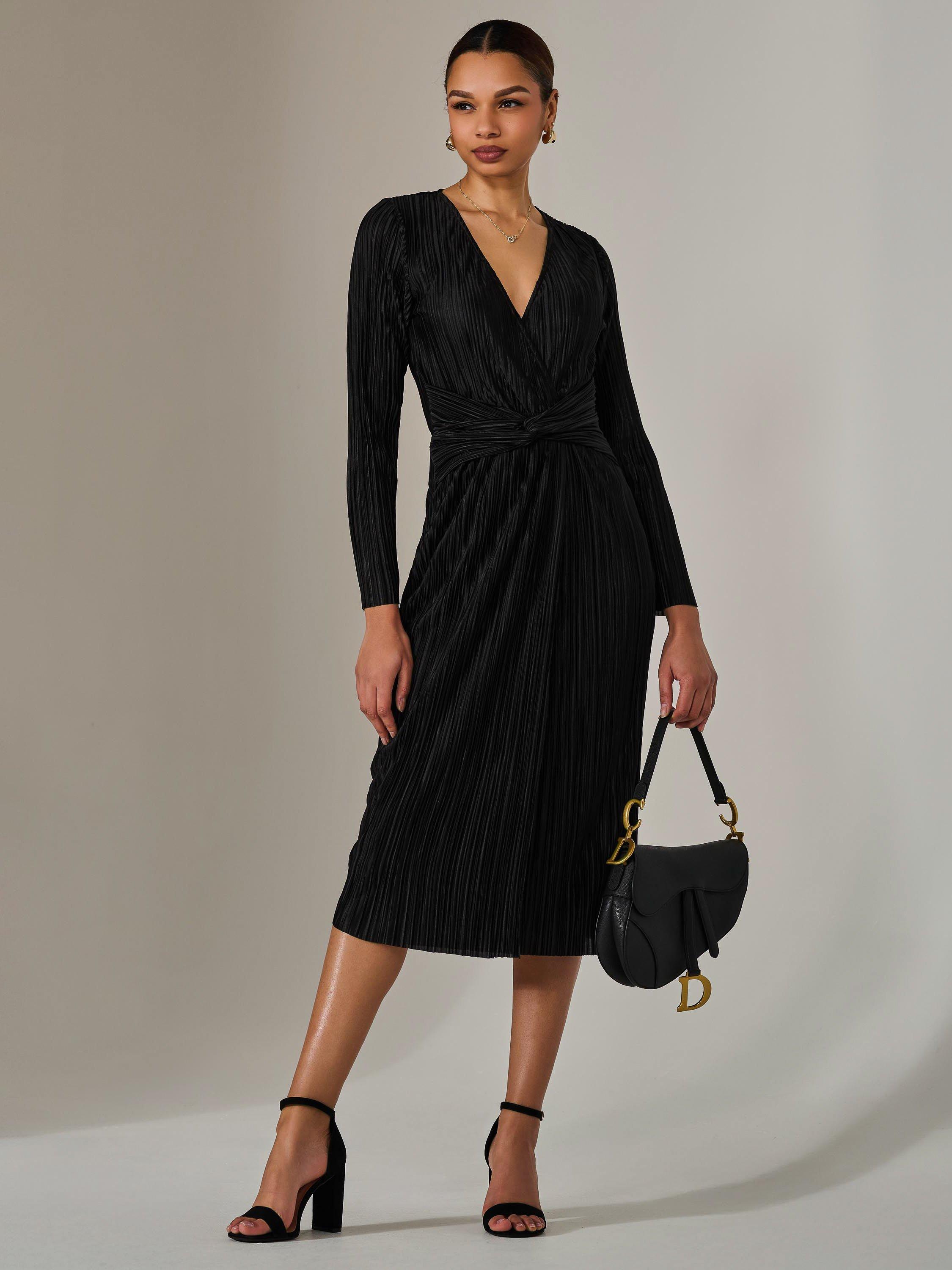 Product image 1 of 6, which shows Jolie Moi Plisse Long Sleeve Midi Dress, Black, 8